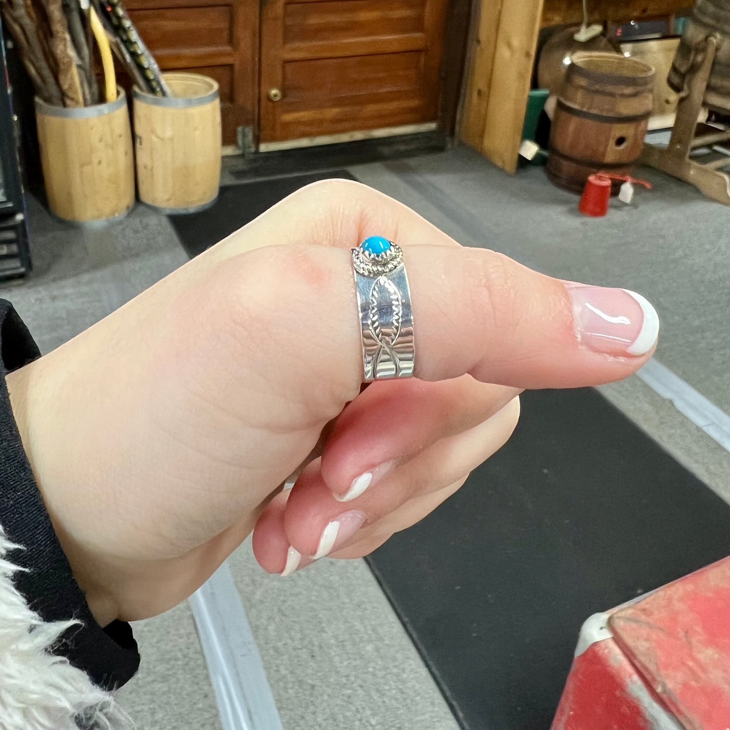 Turquoise Round Ring with Stamped Band