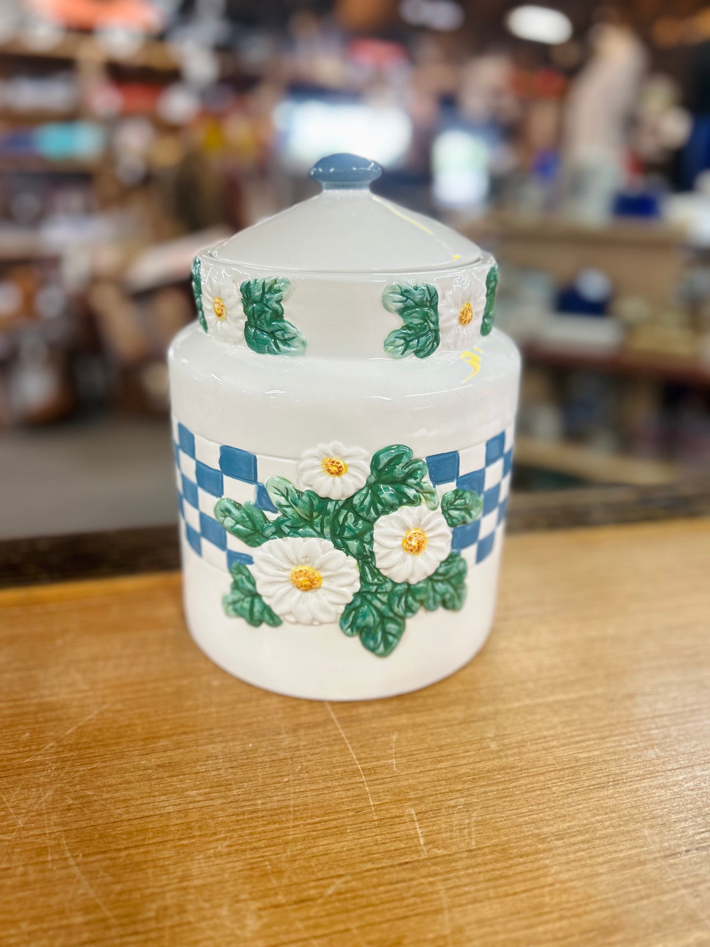 Vintage 1997 Young's Canister with Blue Gingham and Raised Daisy Detailing
