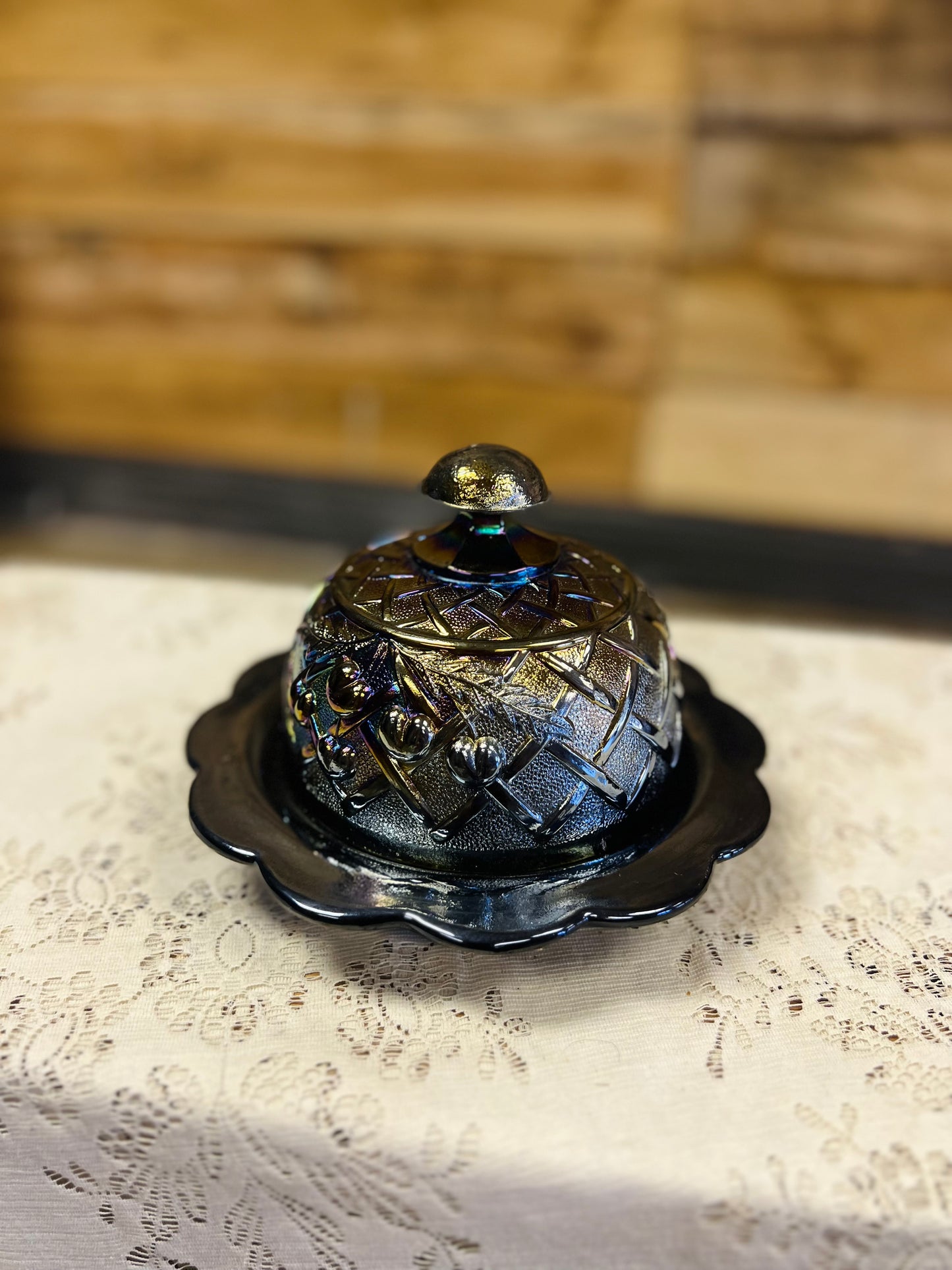 Vintage Mosser Carnvial Glass Covered Butter Dish