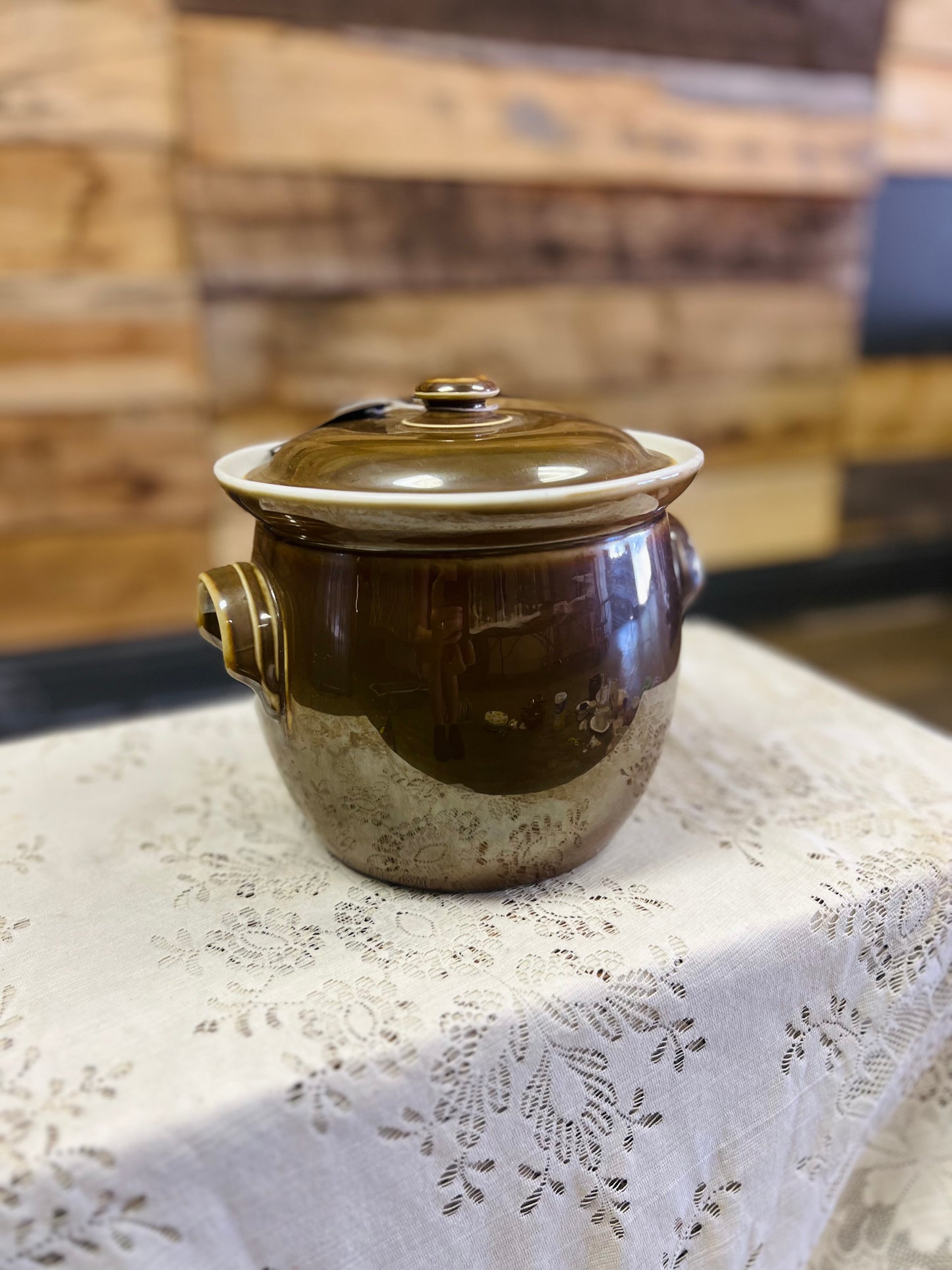 Vintage Fruanfelter China Co Brown Ceramic Pot with Lid