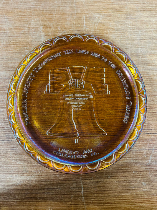 Vintage Amber Carnival Glass Plate With Liberty Bell