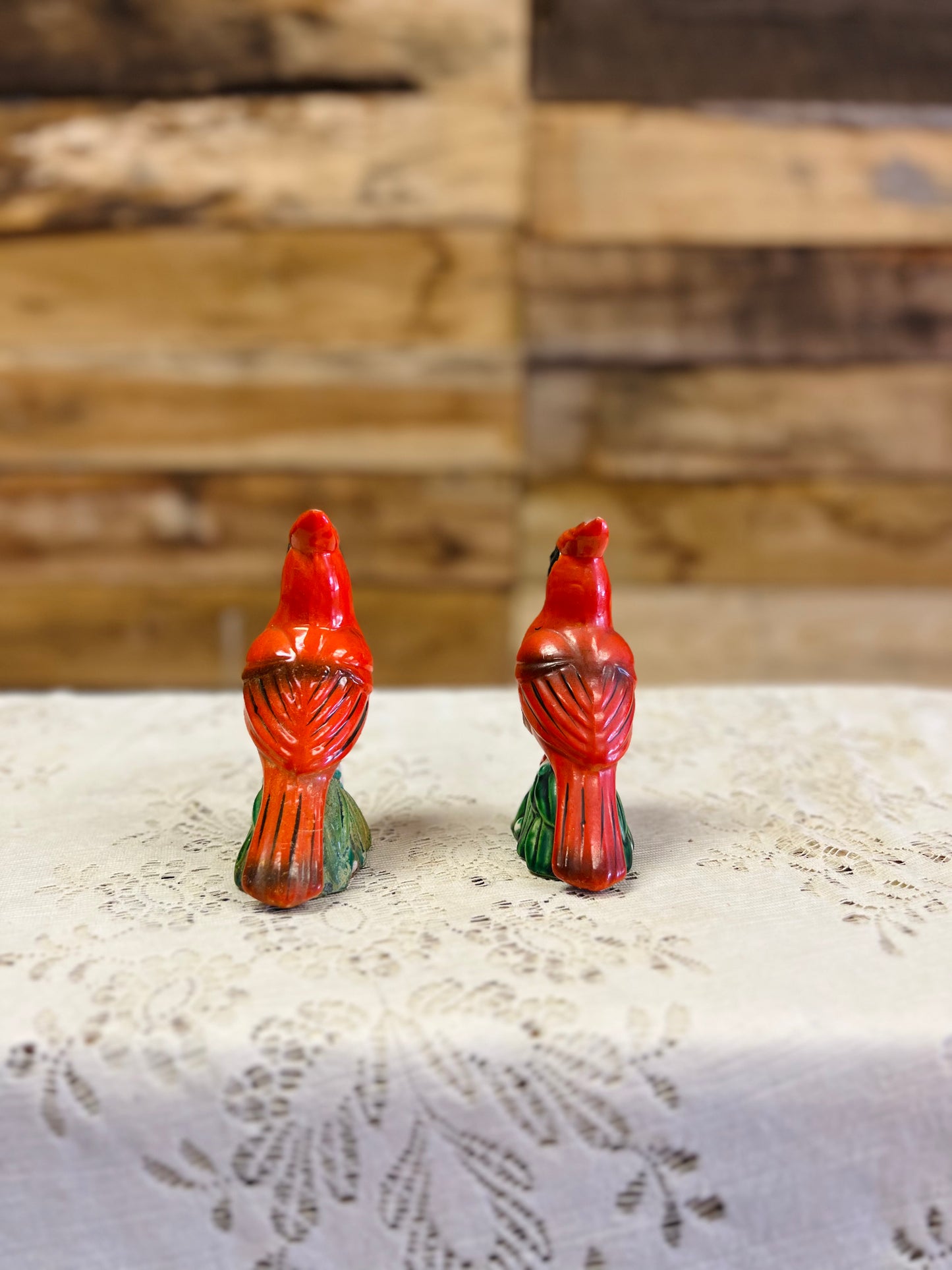 Vintage Ceramic Cardinal Salt and Pepper Shakers Perched on Green Base