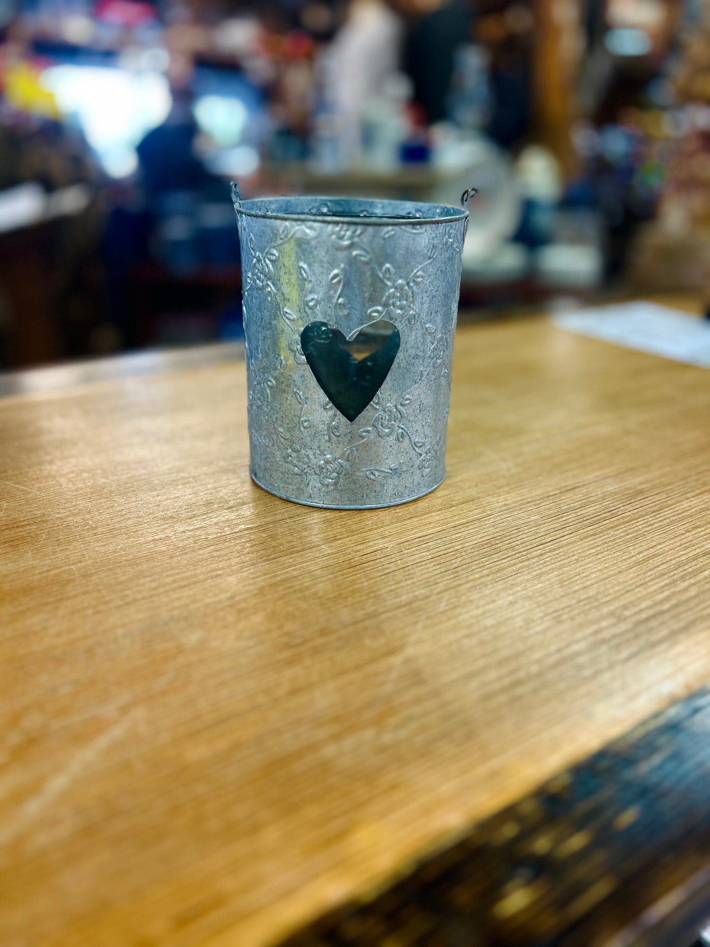 Galvanised Metal Flowers with Heart-cut out Large Candle Holder