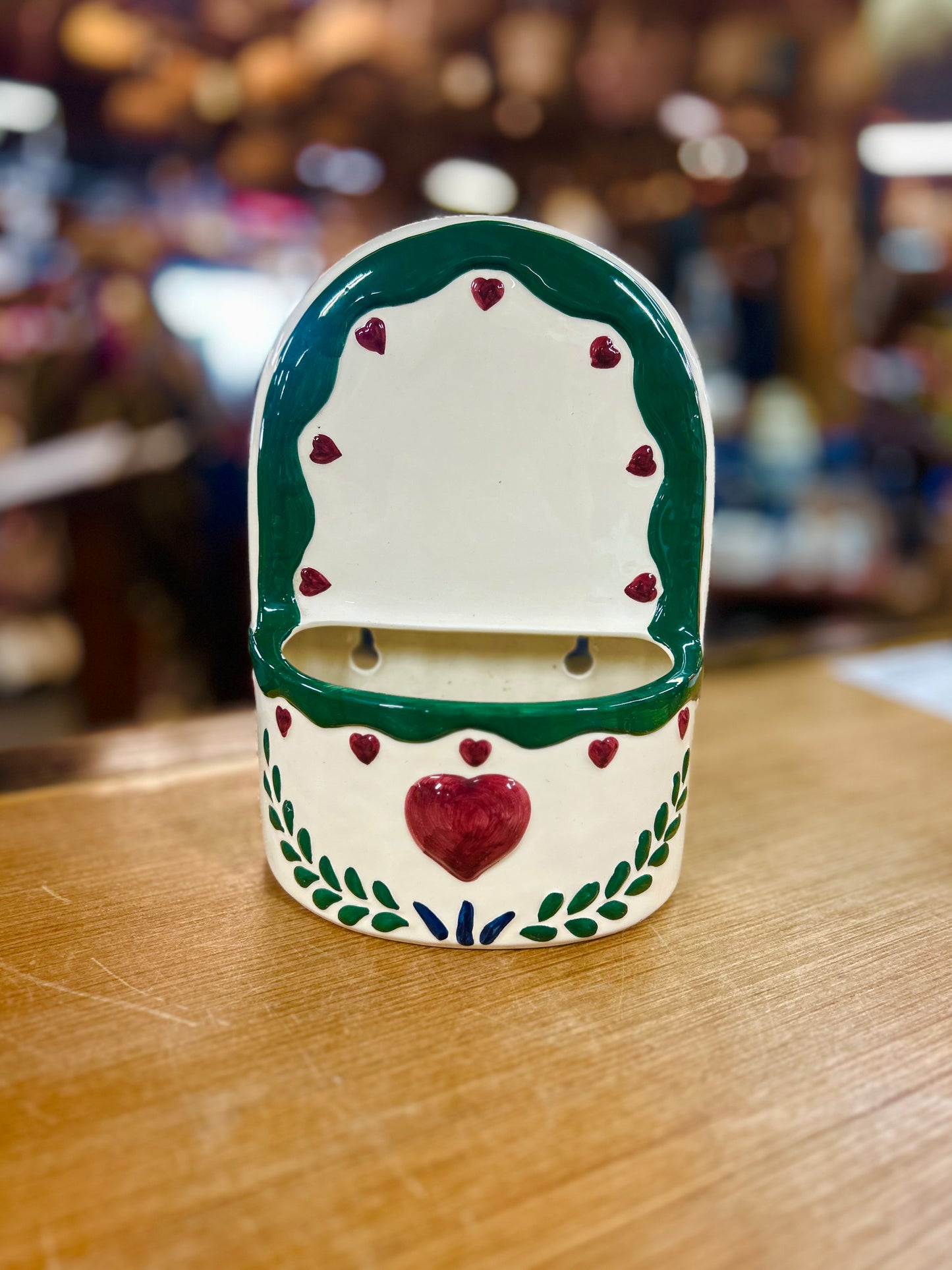Vintage CBK Ceramic Wall Pocket with Heart Design and Green Trim