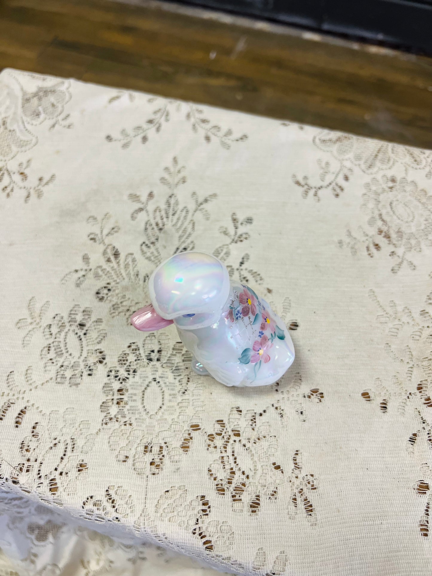 Vintage Fenton White Iridescent Milk Glass with Floral Details Duckling Figurine