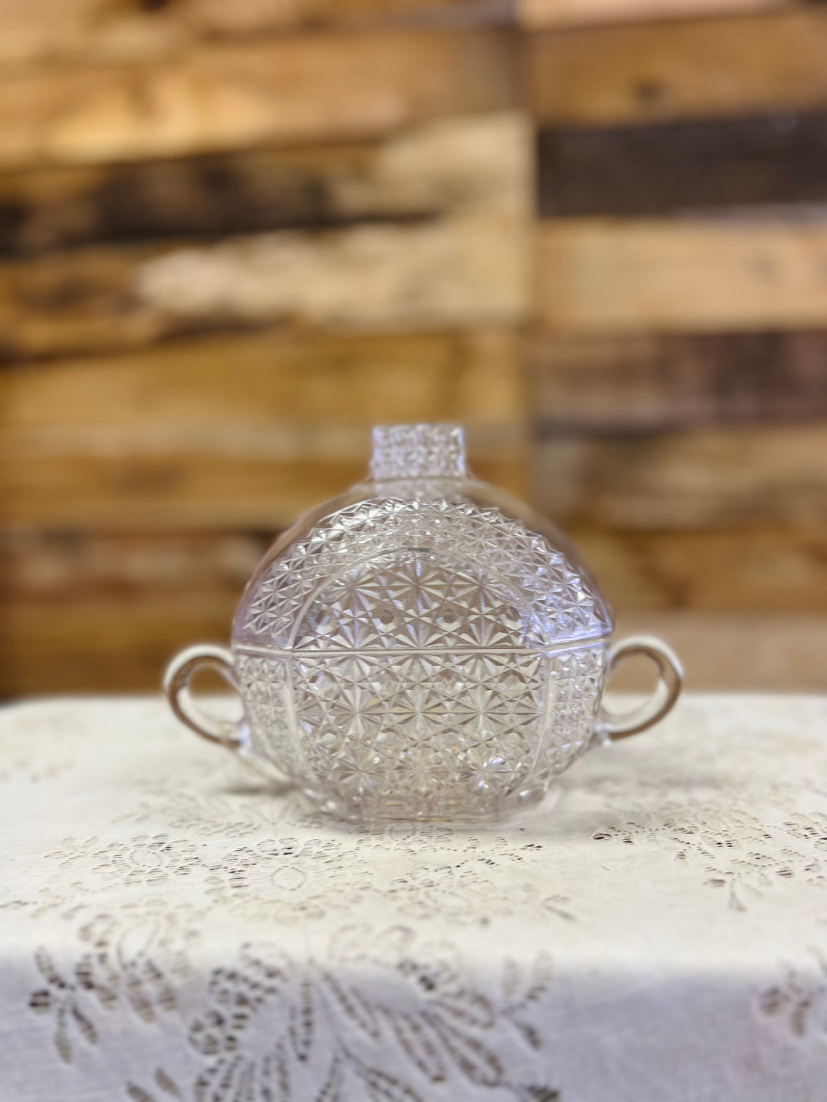 Vintage Double Handled Clear Pattern Covered Dish
