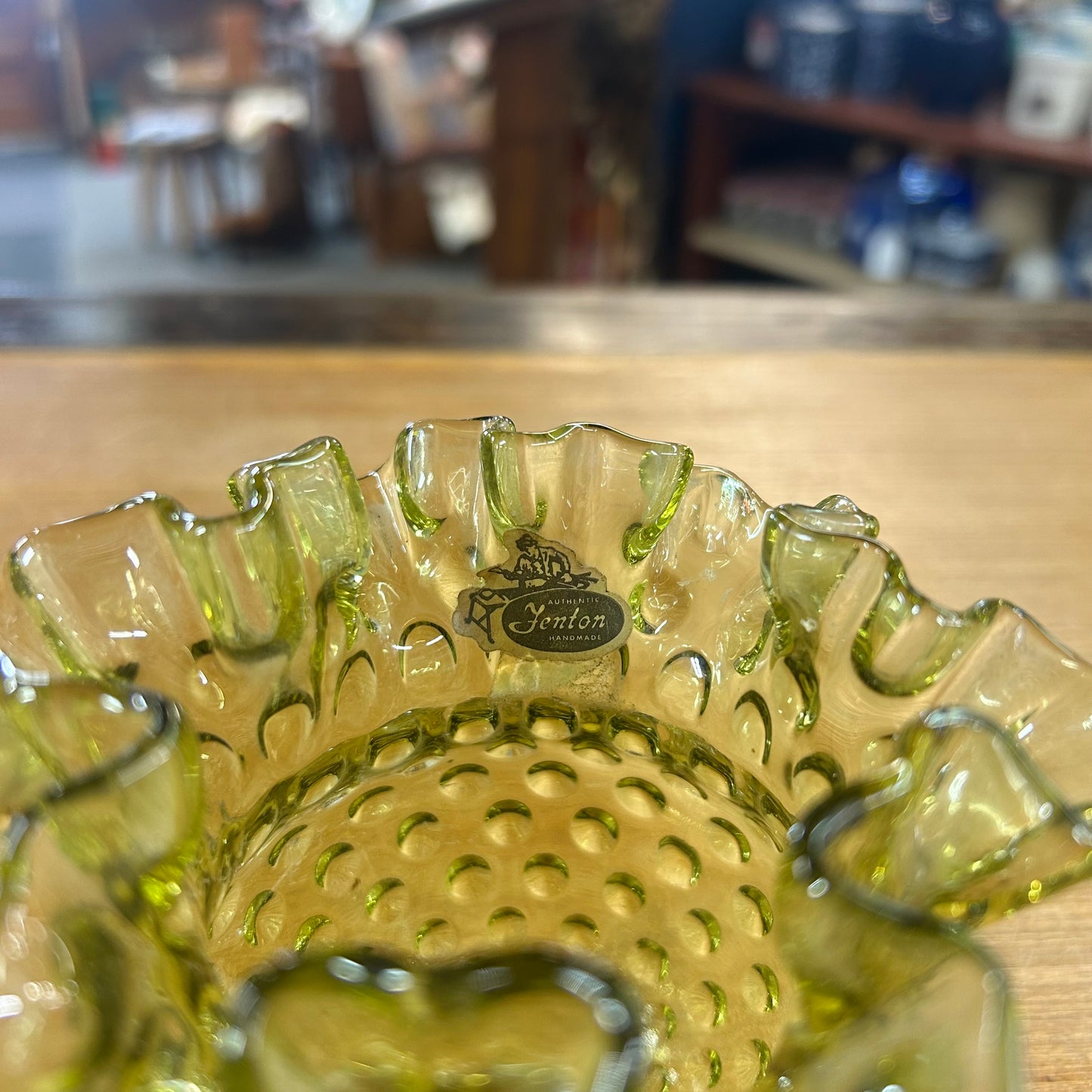 Vintage Fenton Olive Green Hobnail Glass Vase