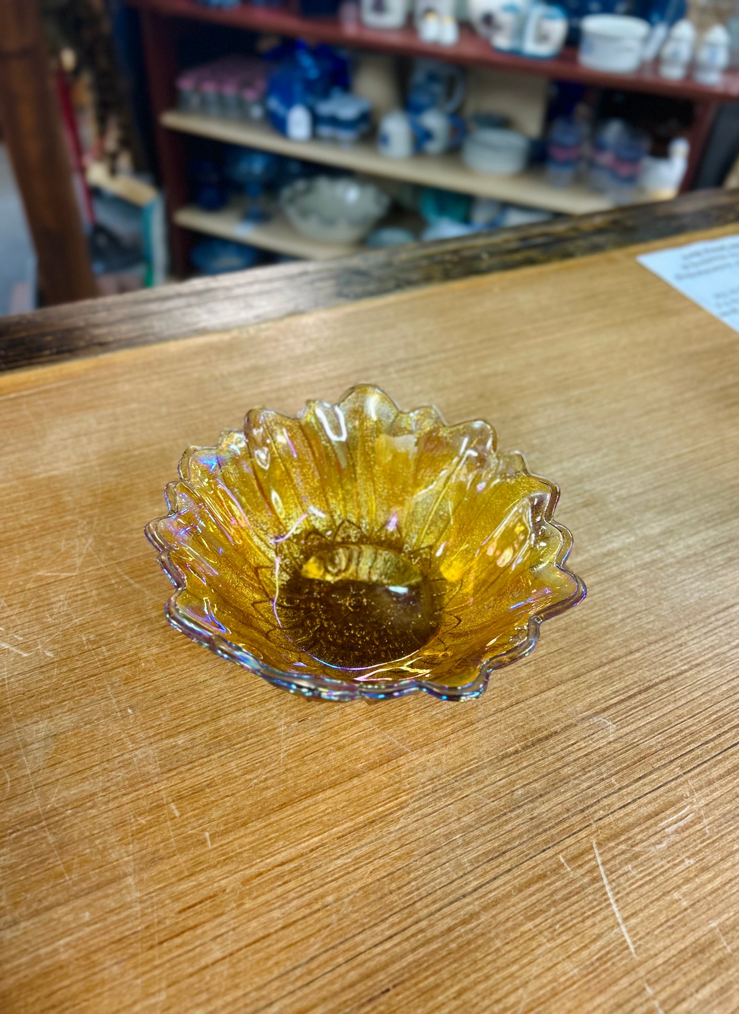 Vintage Indiana Glass Sunflower Bowl Featuring Marigold Carnival Iridescent Finish
