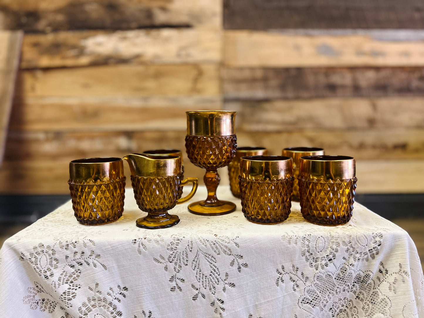 Vintage Indiana Glass Amber Diamond Point Tumbler 8 Piece Set
