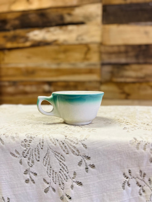 Vintage Buffalo China Mug with Turquoise Band on White Ceramic