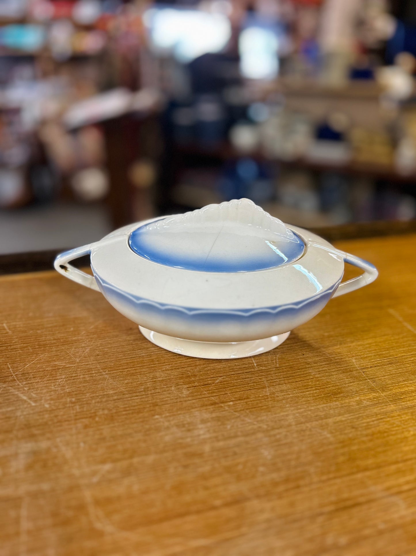 Vintage Very Old Lidded Blue Rim Gravy Bowl