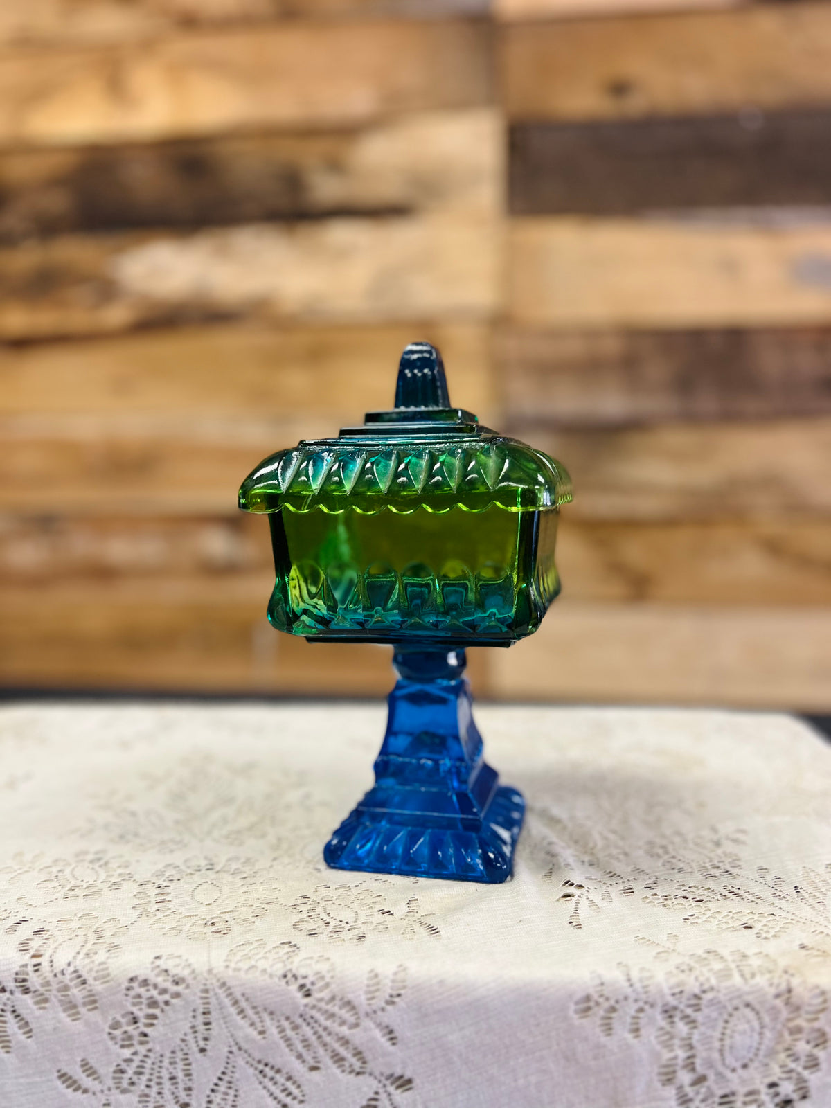 Vintage Blue & Green Ombre Pedestal Dish With Lid