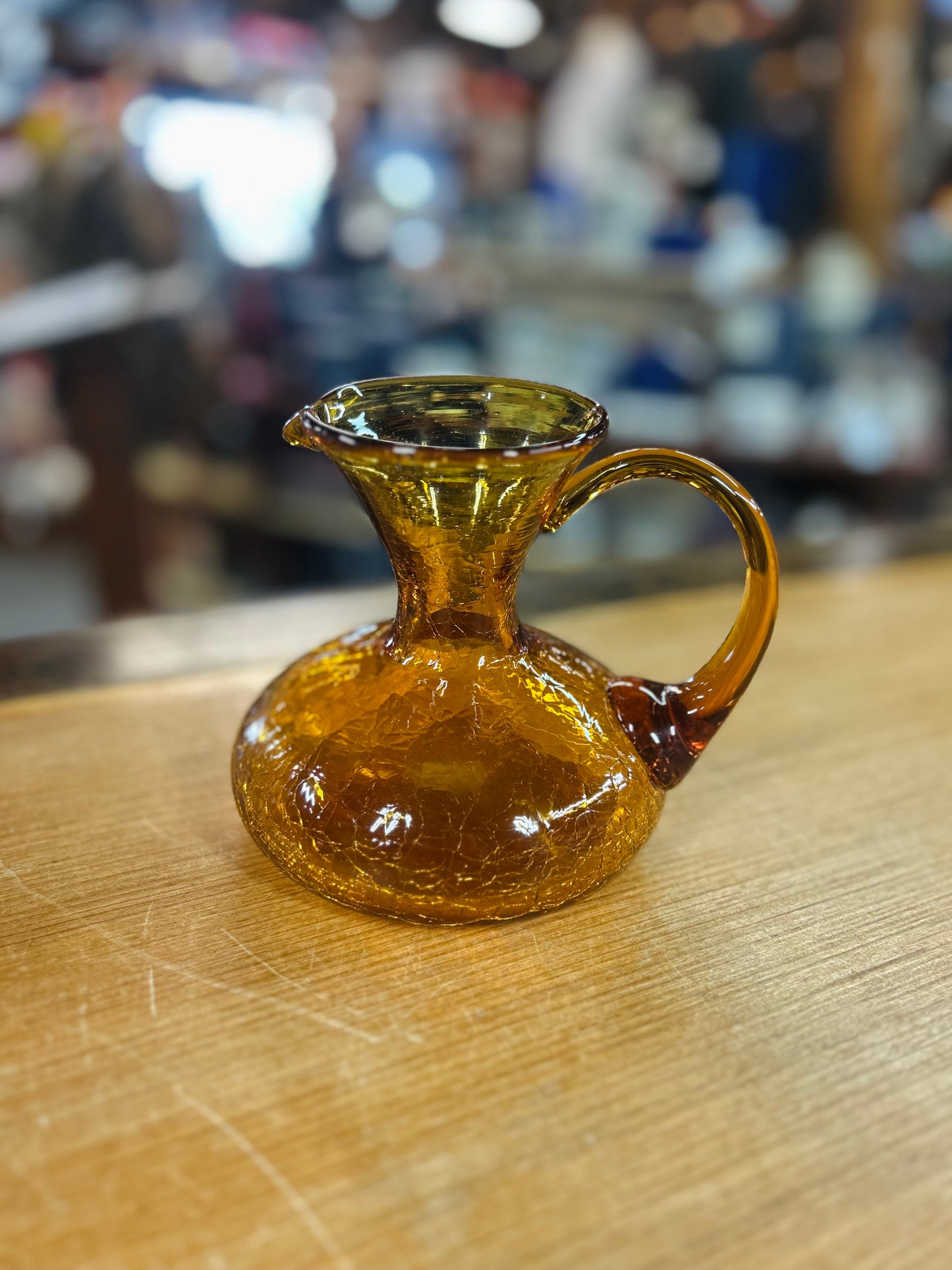 Old Amber Crackle Glass Hand Blown Pitcher
