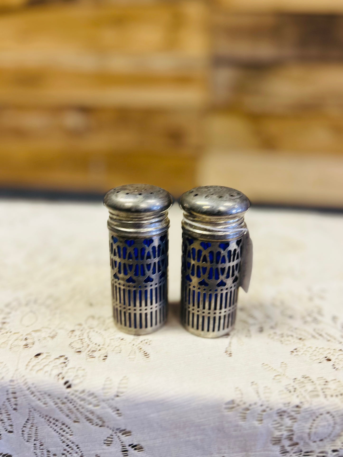 Vintage Cobalt Blue Salt and Pepper Shakers with Silver Plate
