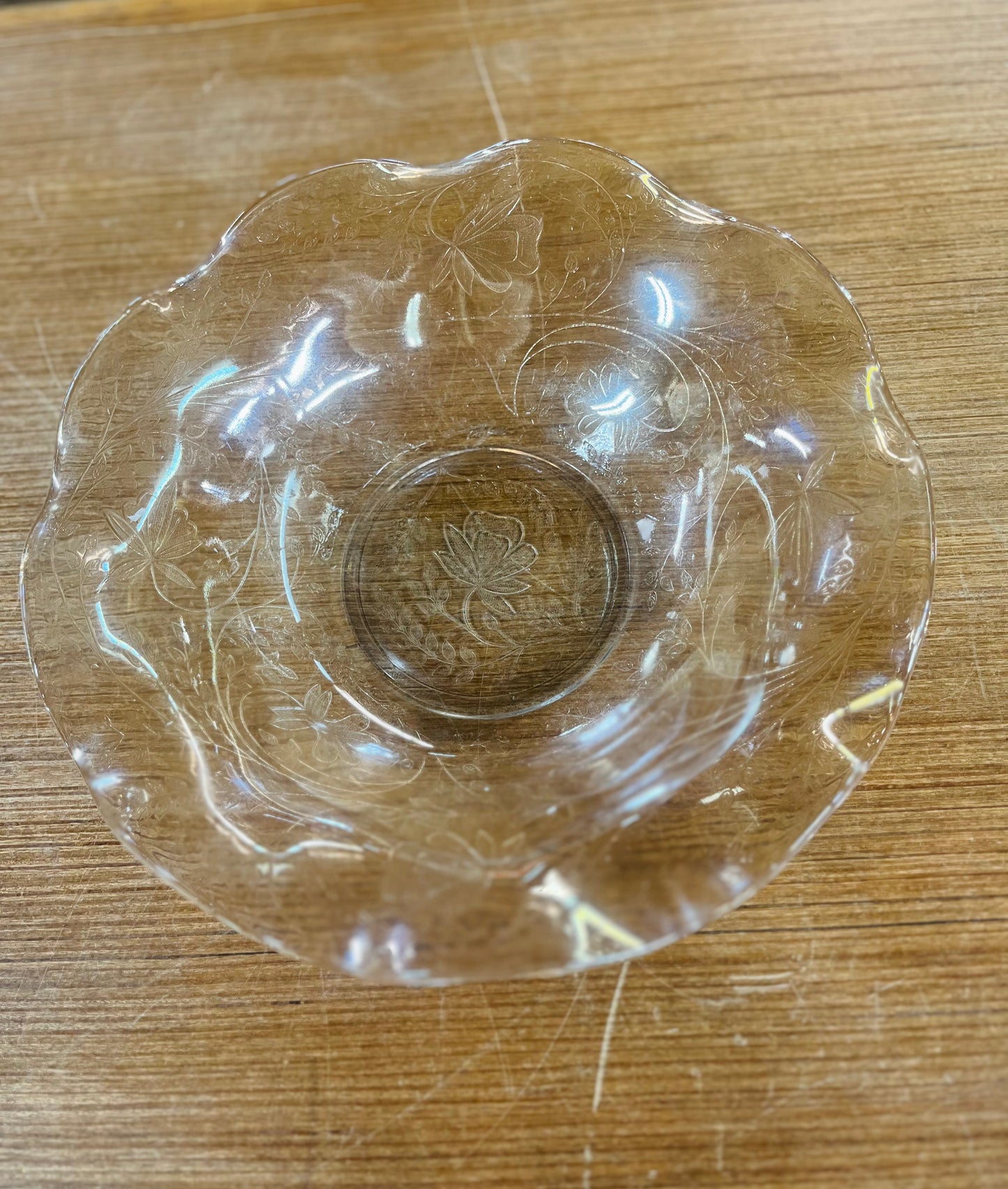 Vintage Depression Glass Bowl with Flowers And a Rose Tint
