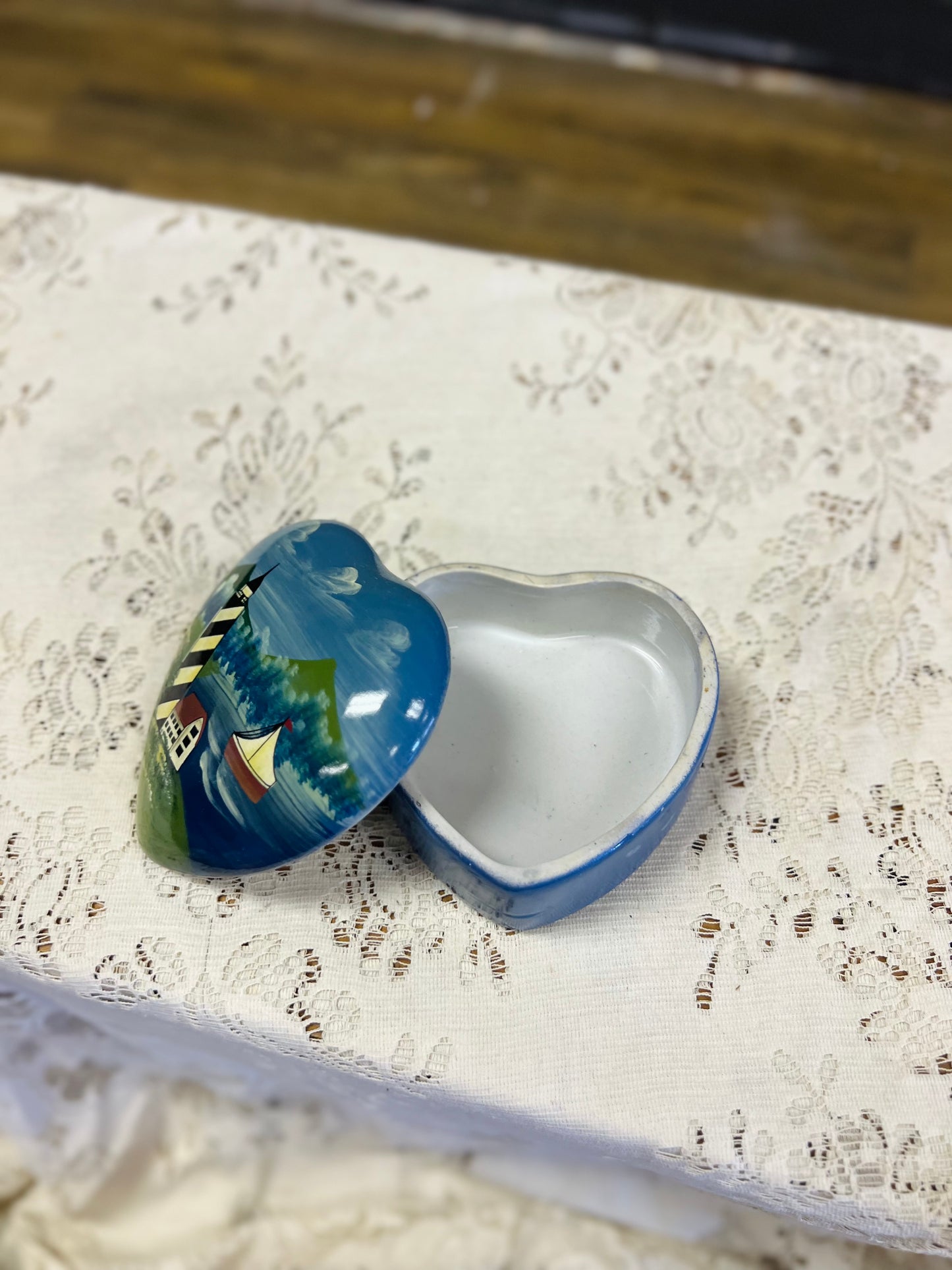 Vintage Nautical Heart Shaped Trinket Lighthouse Scene Dish