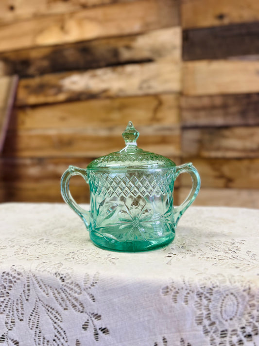 Vintage Green Double Handled Uranium Glass Dish With Lid