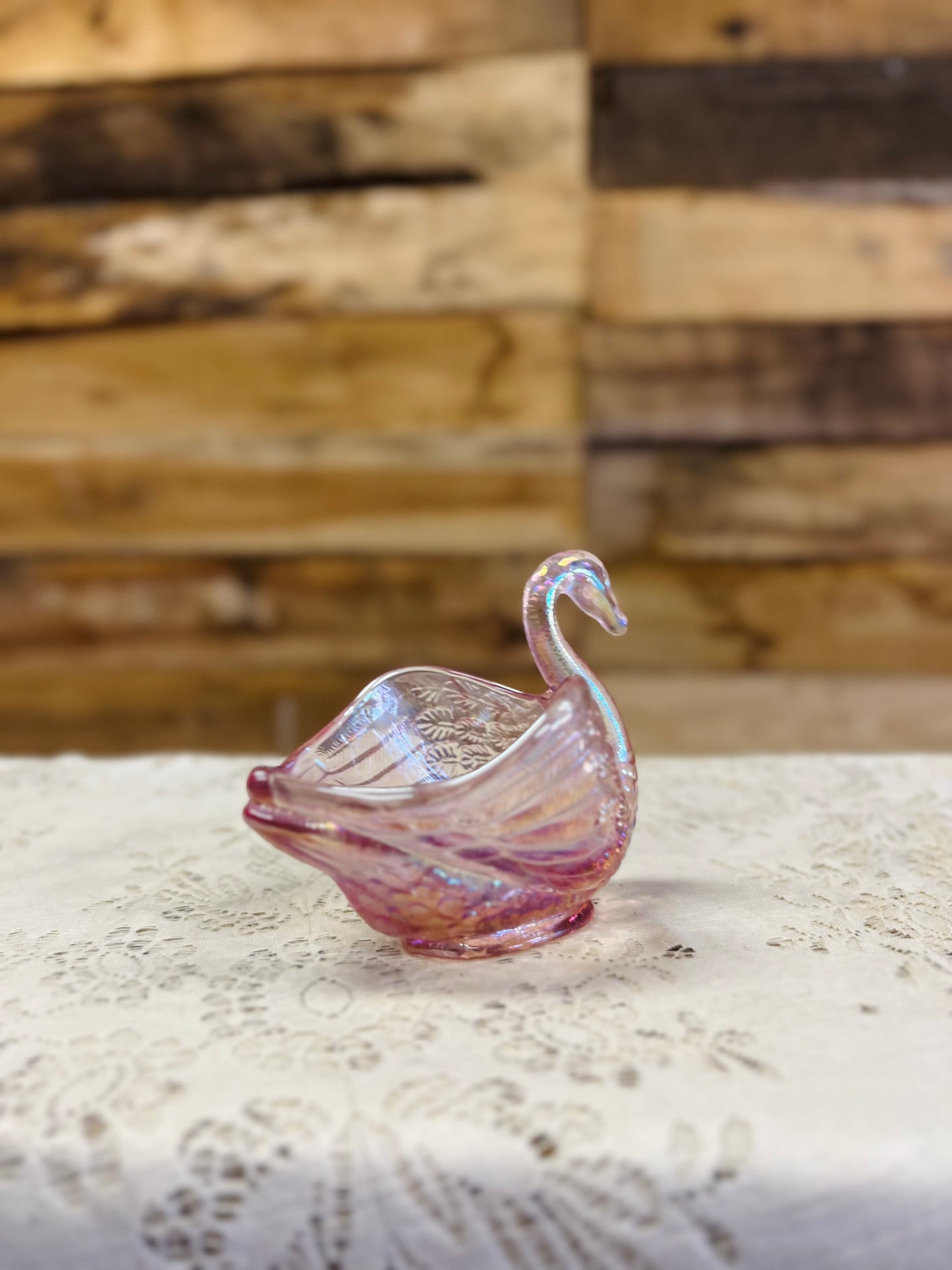 Vintage Fenton Pink Carnvial Swan Figurine Trinket Dish