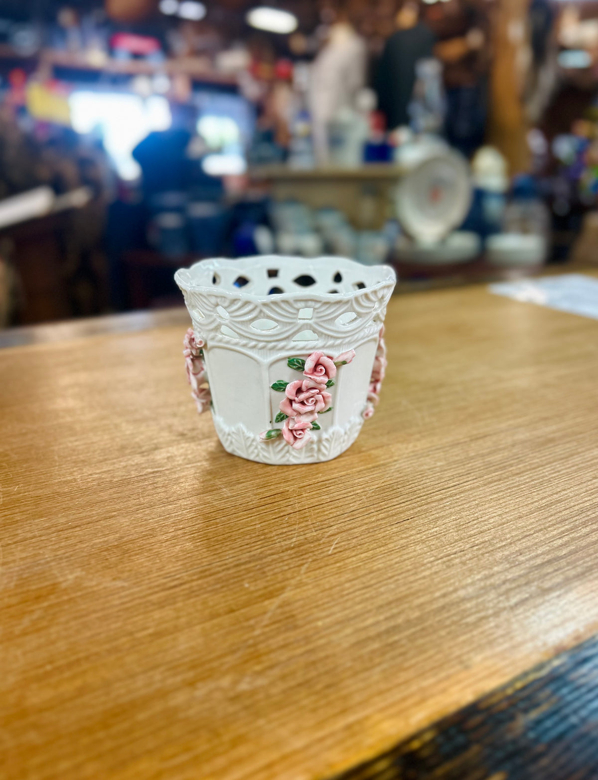 Vintage Bloom-Rite White Ceramic Planter with 3D Pink Rose Decoration ...