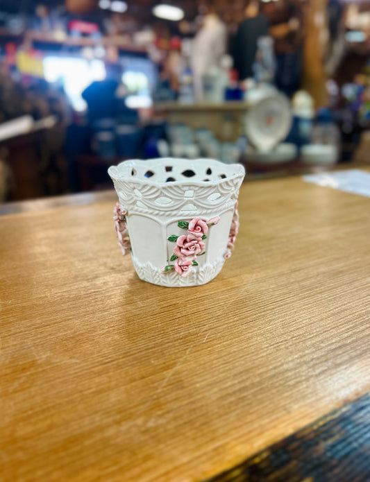 Vintage Bloom-Rite White Ceramic Planter with 3D Pink Rose Decoration
