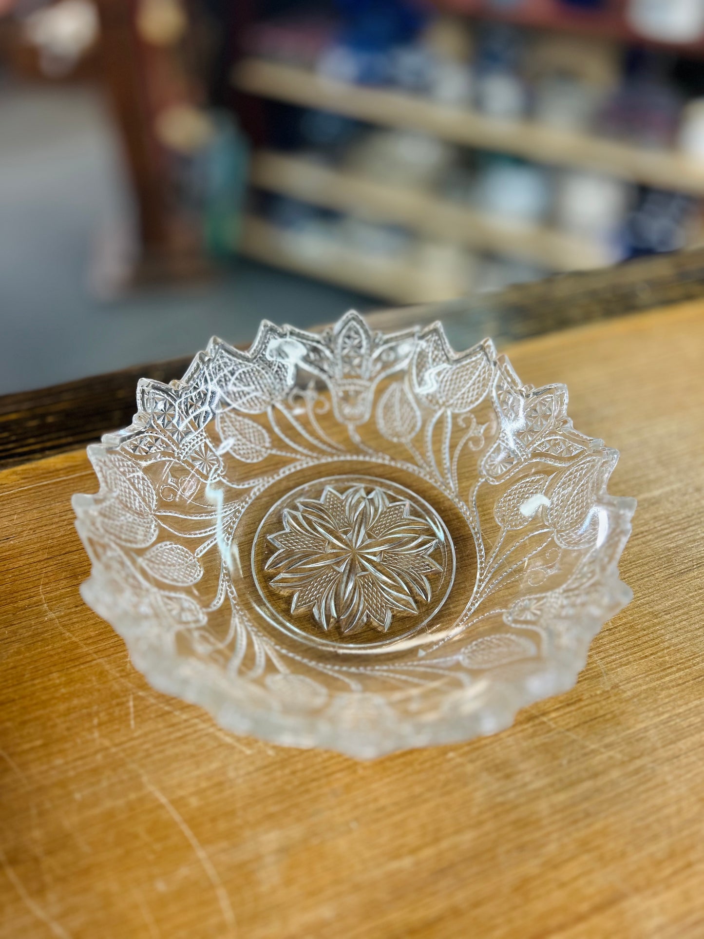 Vintage Pressed Glass Bowl with Flower Design and Sawtooth Edge