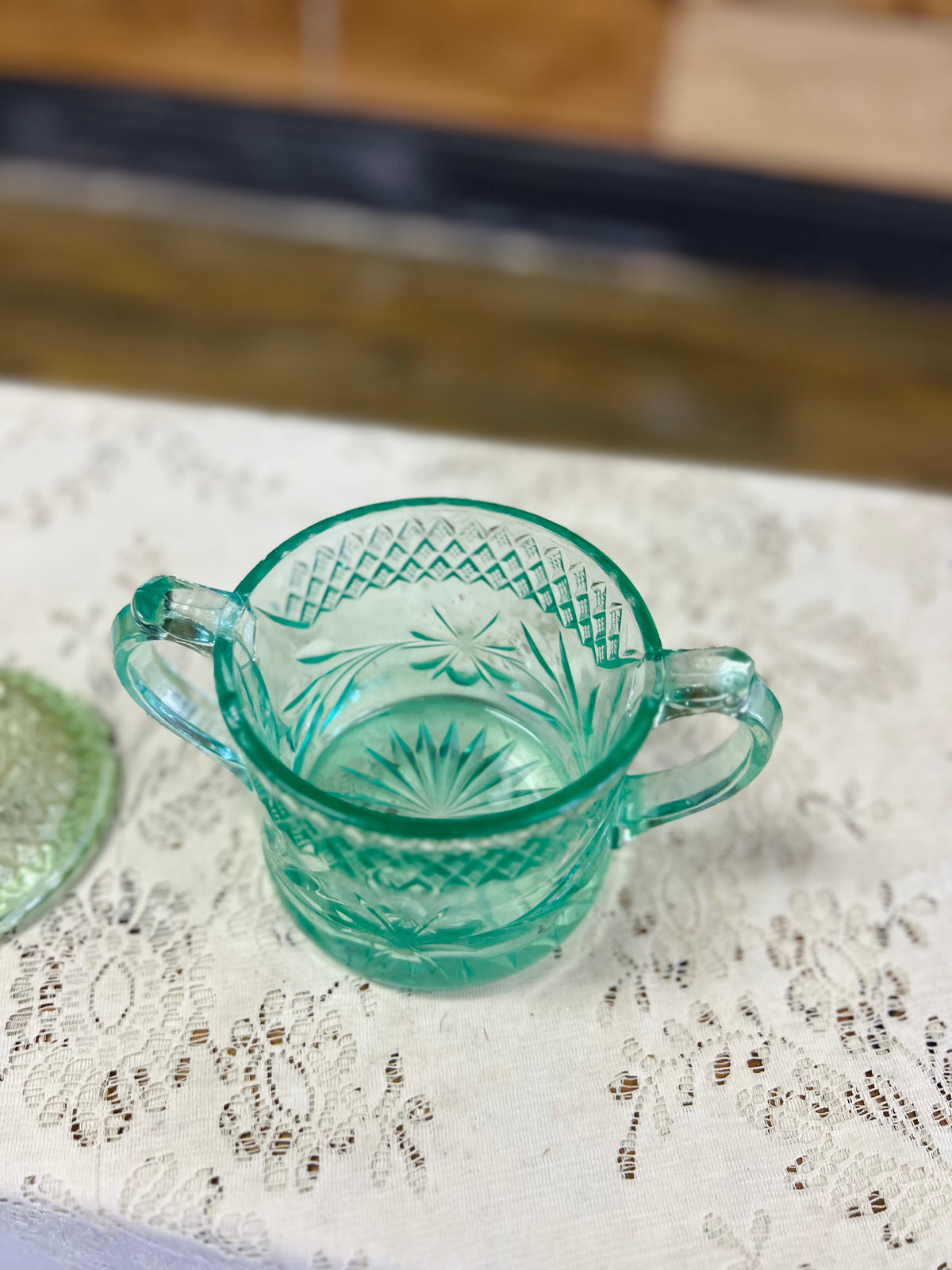 Vintage Green Double Handled Uranium Glass Dish With Lid