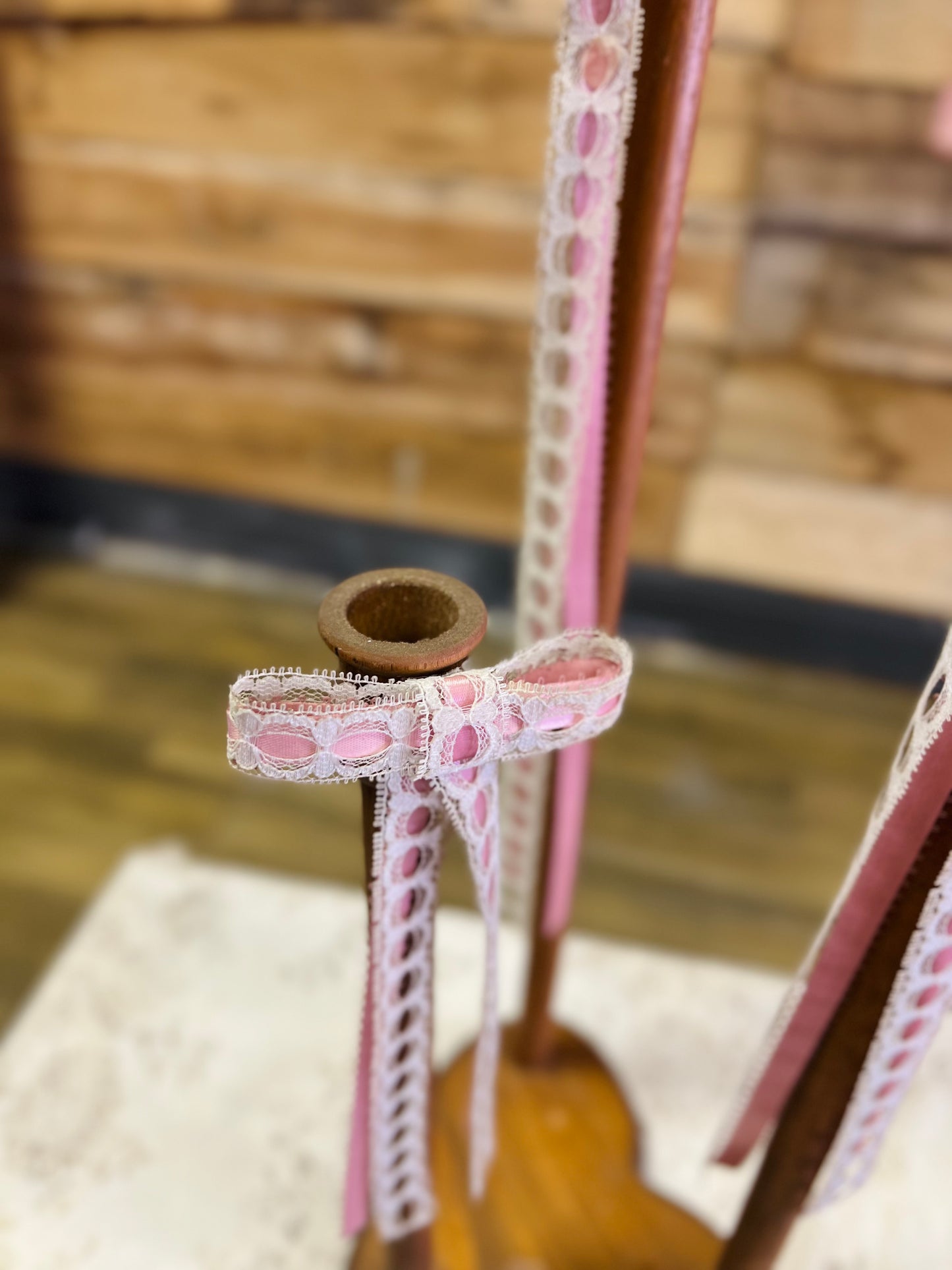 Wooden Candelabra Candle Holder with Pink and White Ribbon Bows