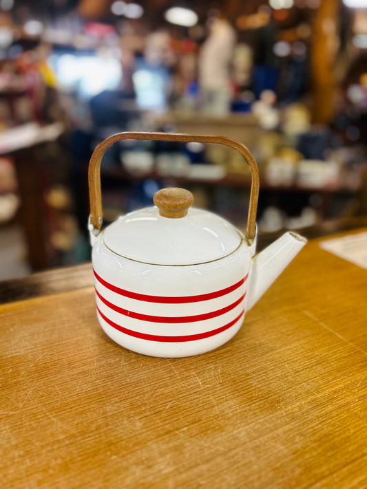 Vintage Granite Tea Kettle with Wooden Handle and Red Stripes