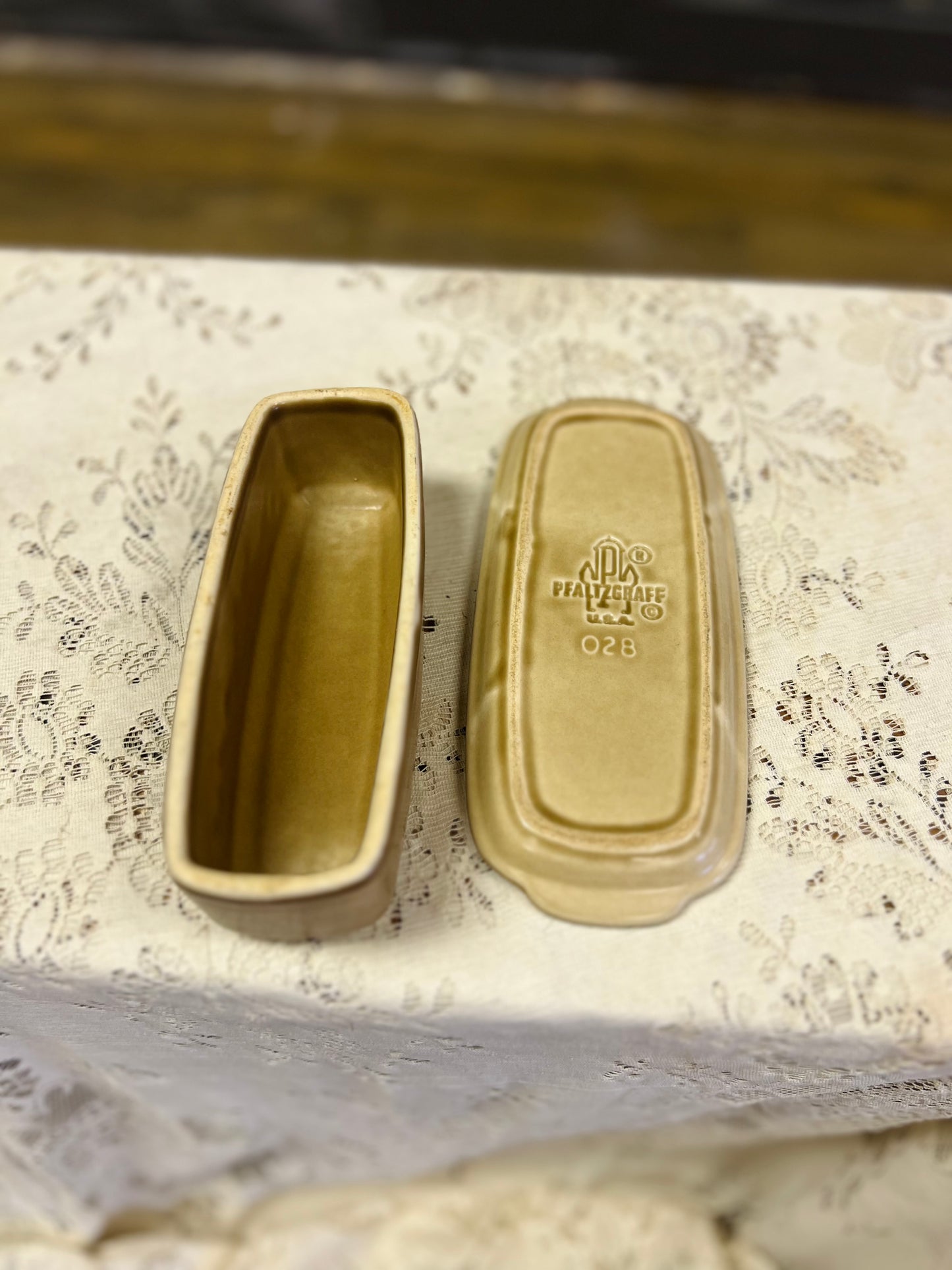 Vintage Tan and Blue Pfaltzgraff Butter Dish
