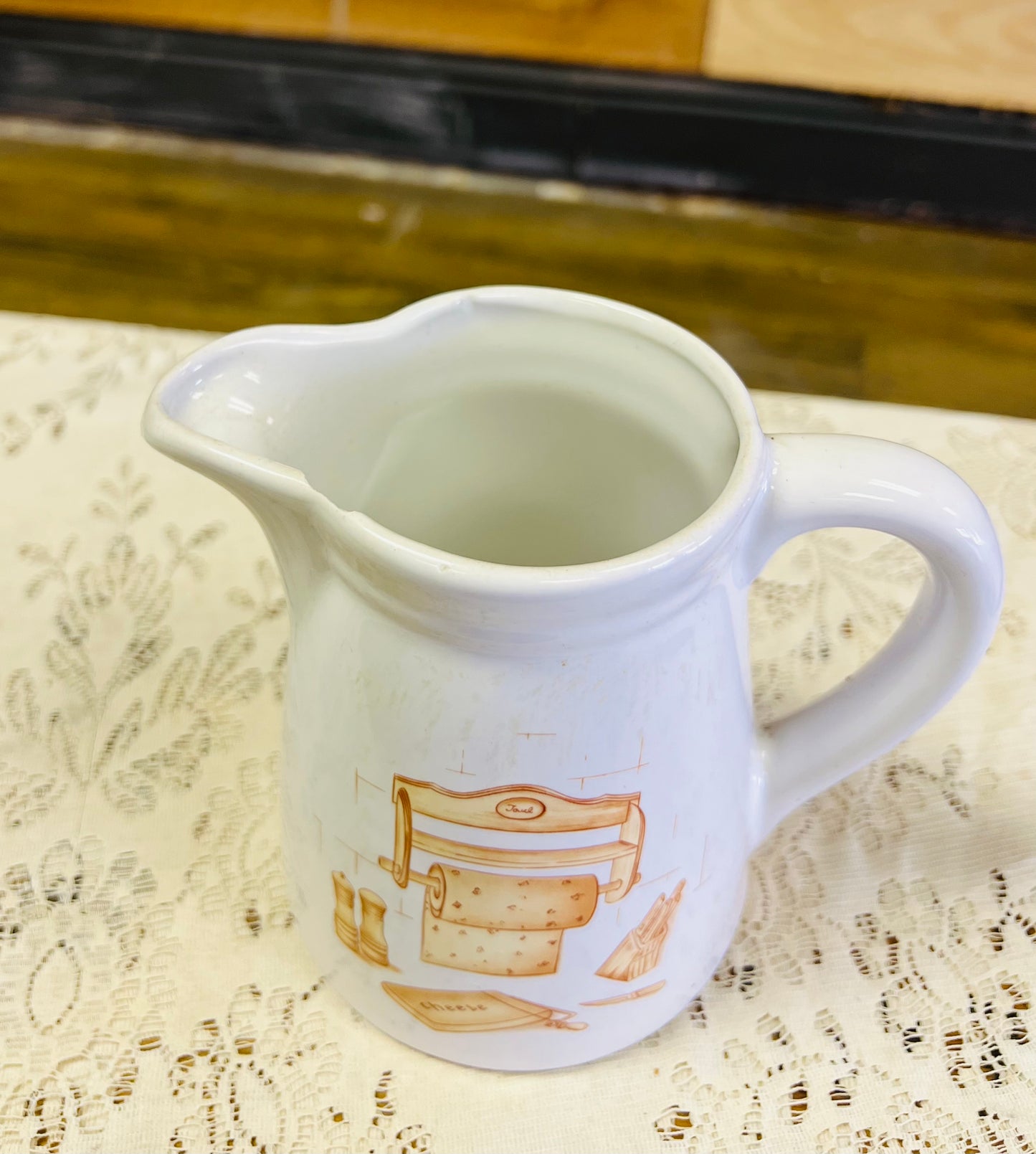 Vintage Taiwan Ceramic Pitcher with Kitchen Scene