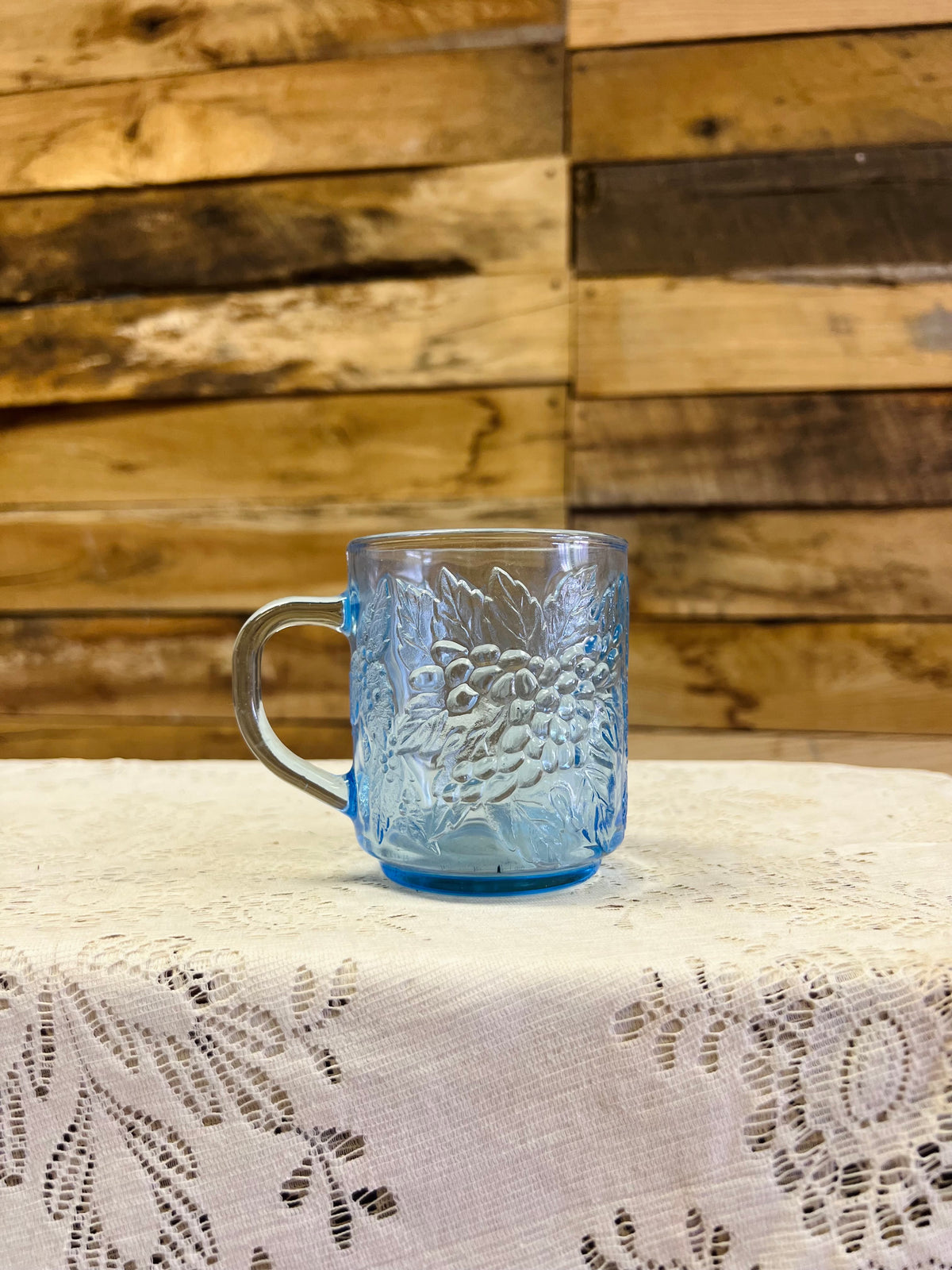 Vintage Ice Blue Floral & Fruit Glass Mug