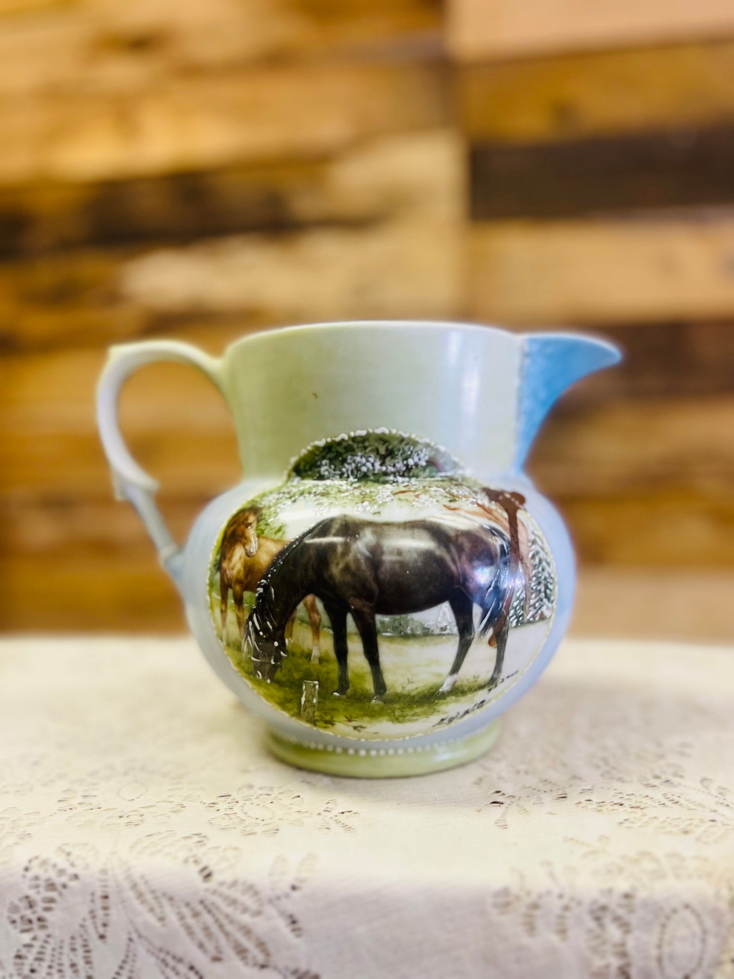 Vintage Ceramic Pitcher with Hand Painted Scene of Horse