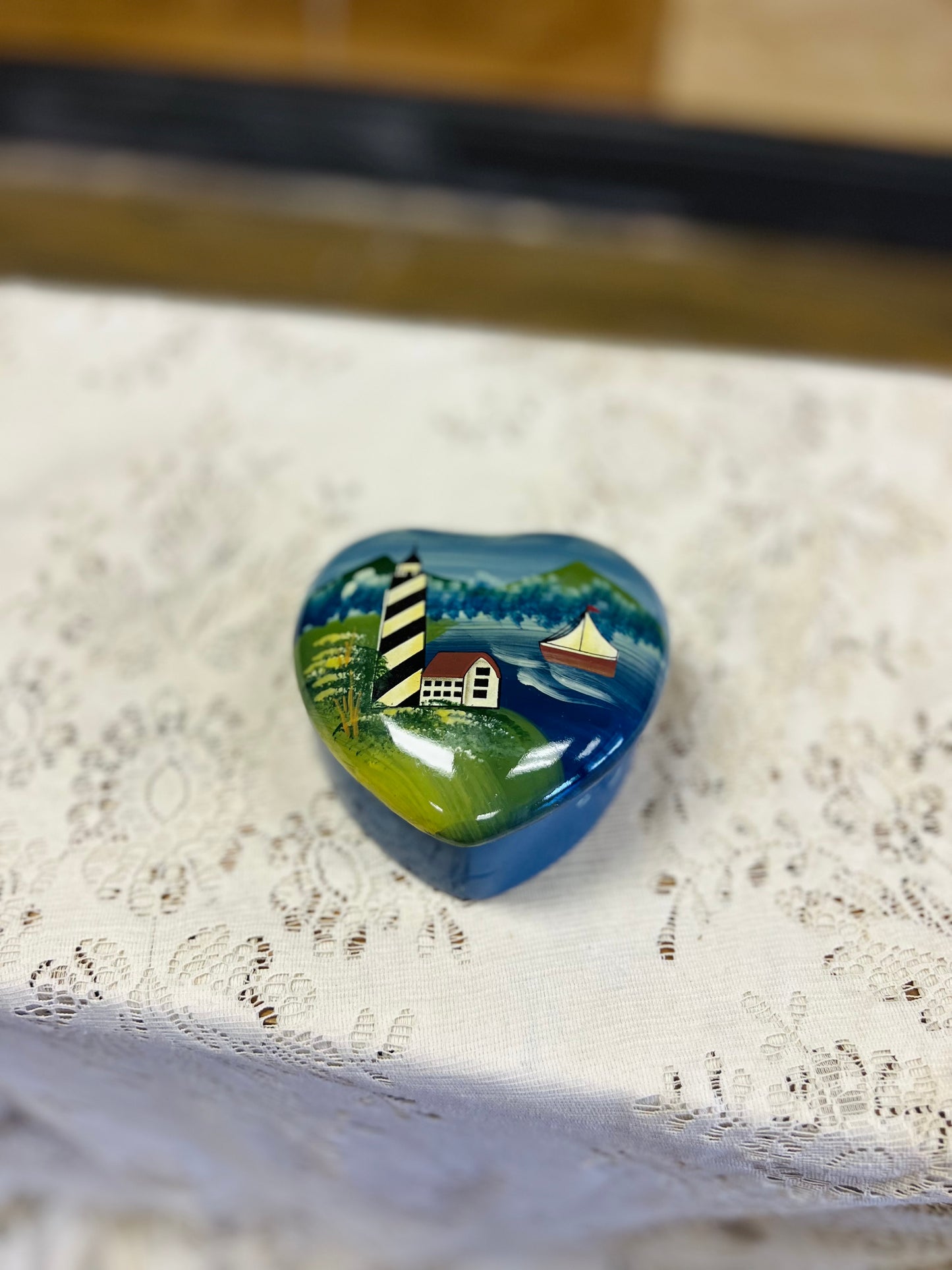 Vintage Nautical Heart Shaped Trinket Lighthouse Scene Dish