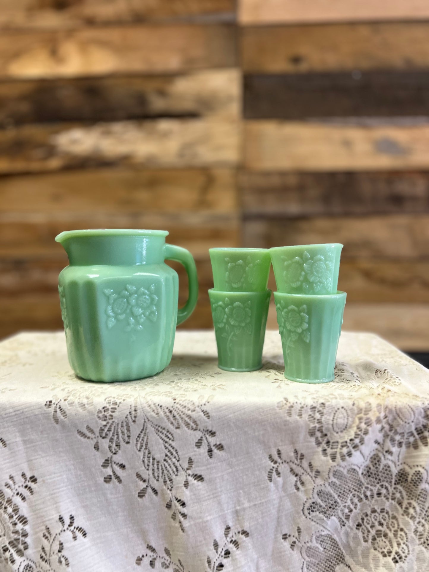 Green Jadeite Pitcher and 4 Cups Set