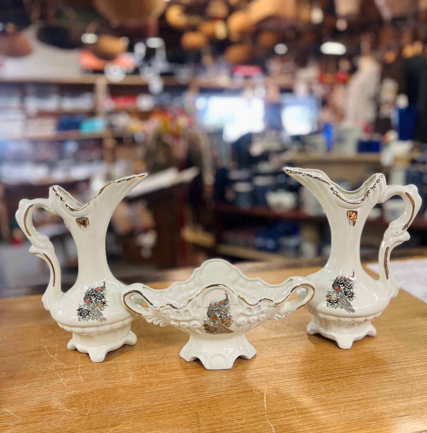 Vintage Pitchers and Candy Dish With Gold Pecocks
