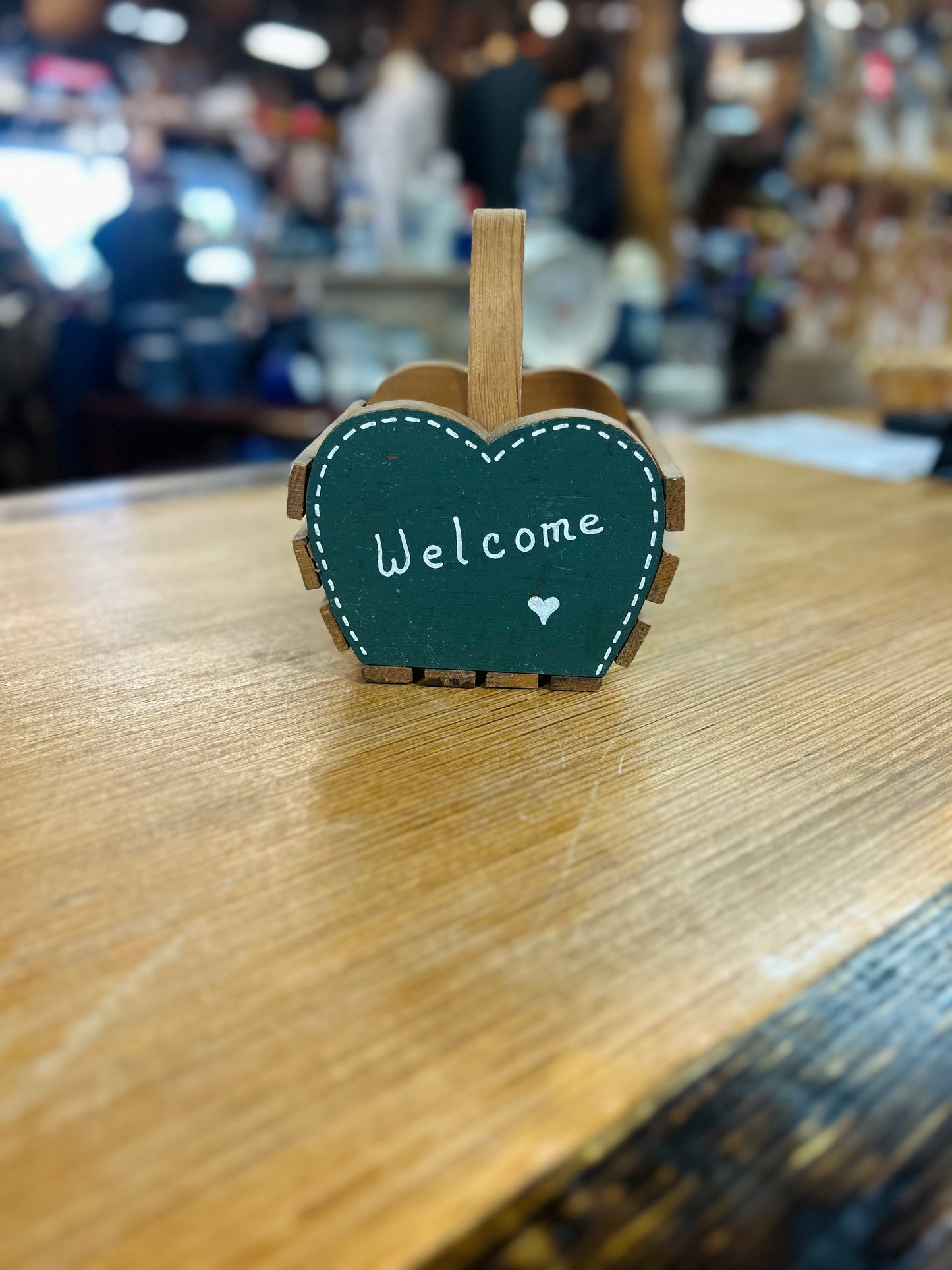 Rustic Handcrafted "Welcome" Wooden Heart-Shaped Basket with Handle