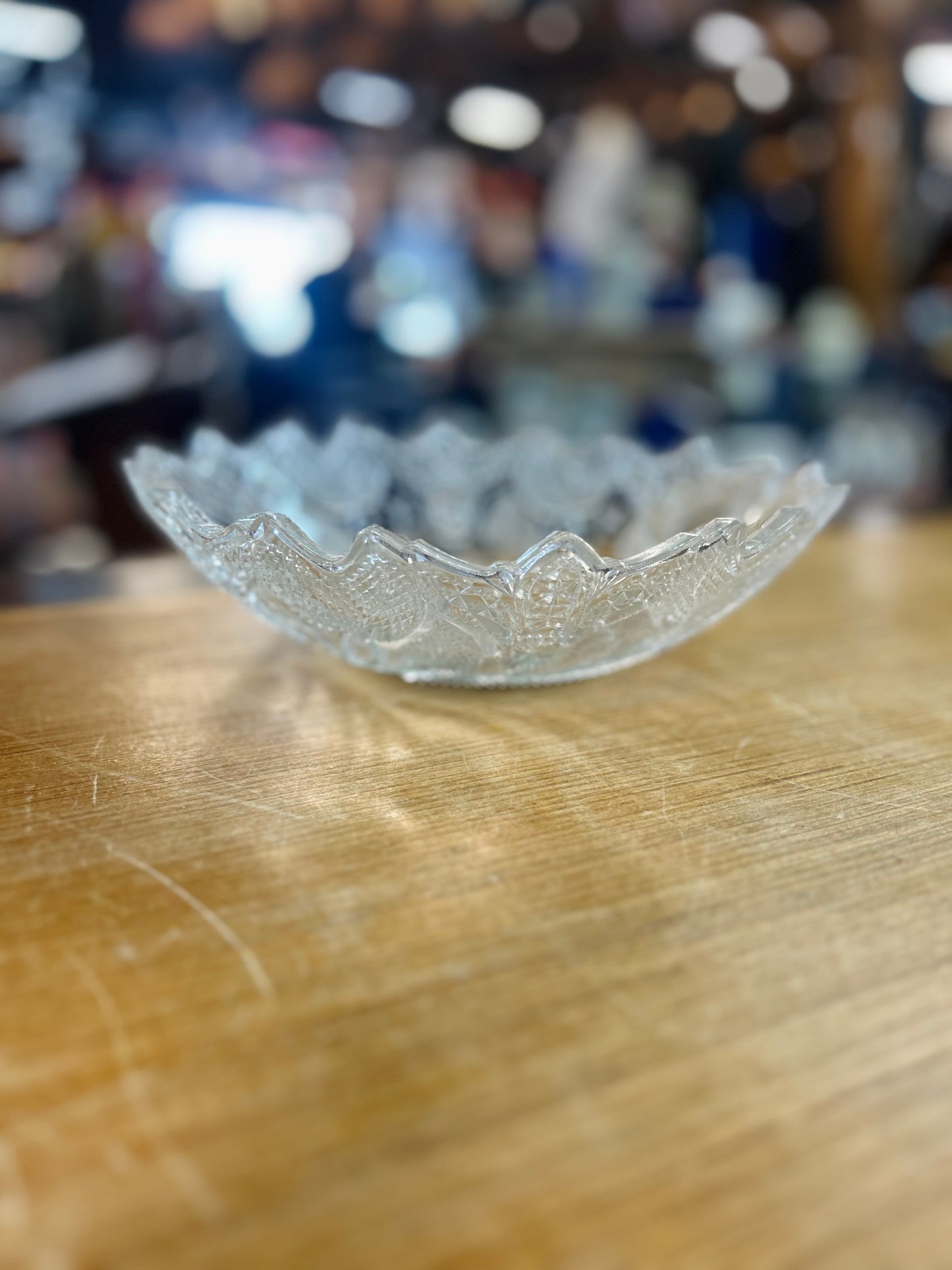 Vintage Pressed Glass Bowl with Flower Design and Sawtooth Edge