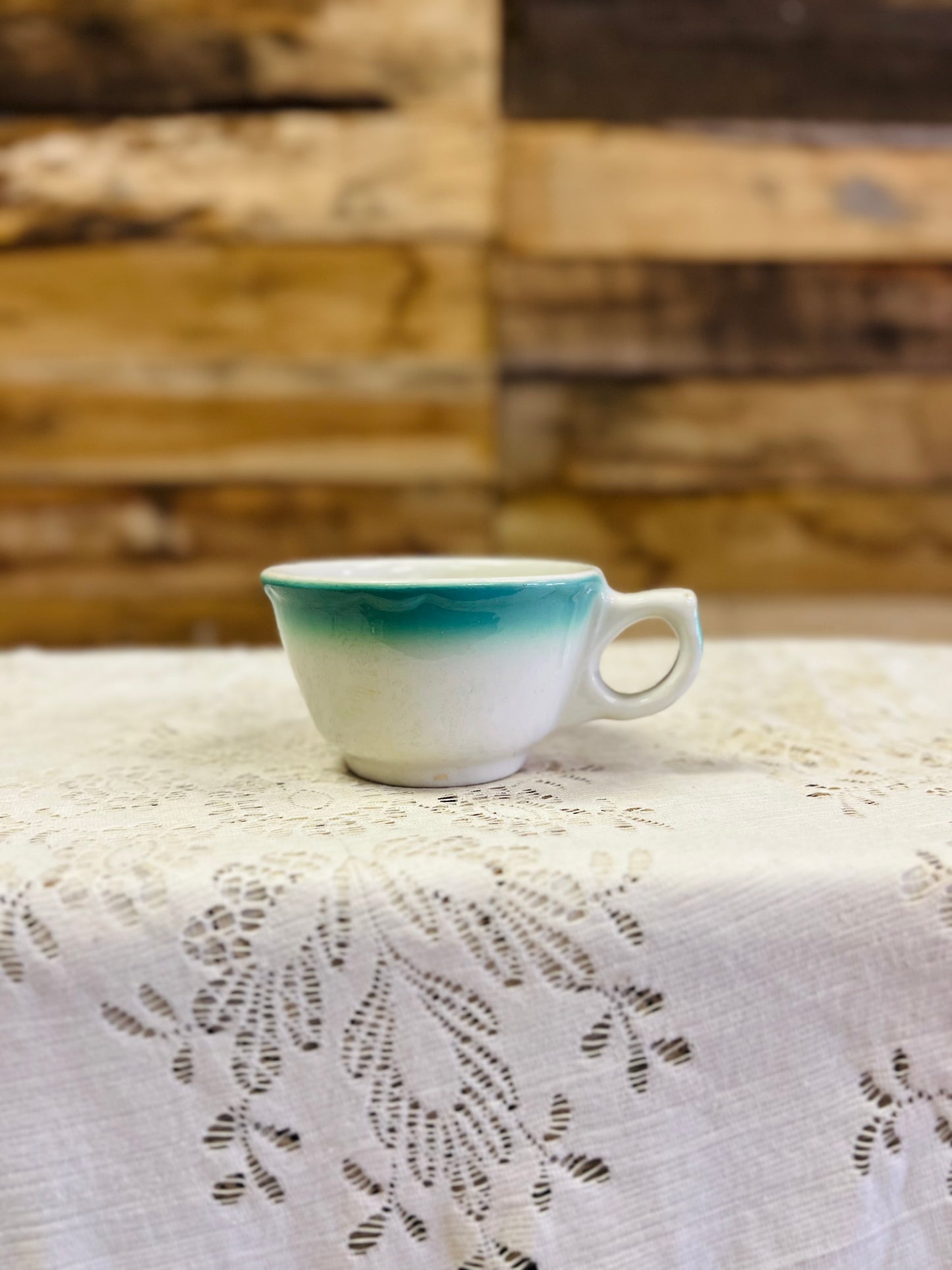 Vintage Buffalo China Mug with Turquoise Band on White Ceramic