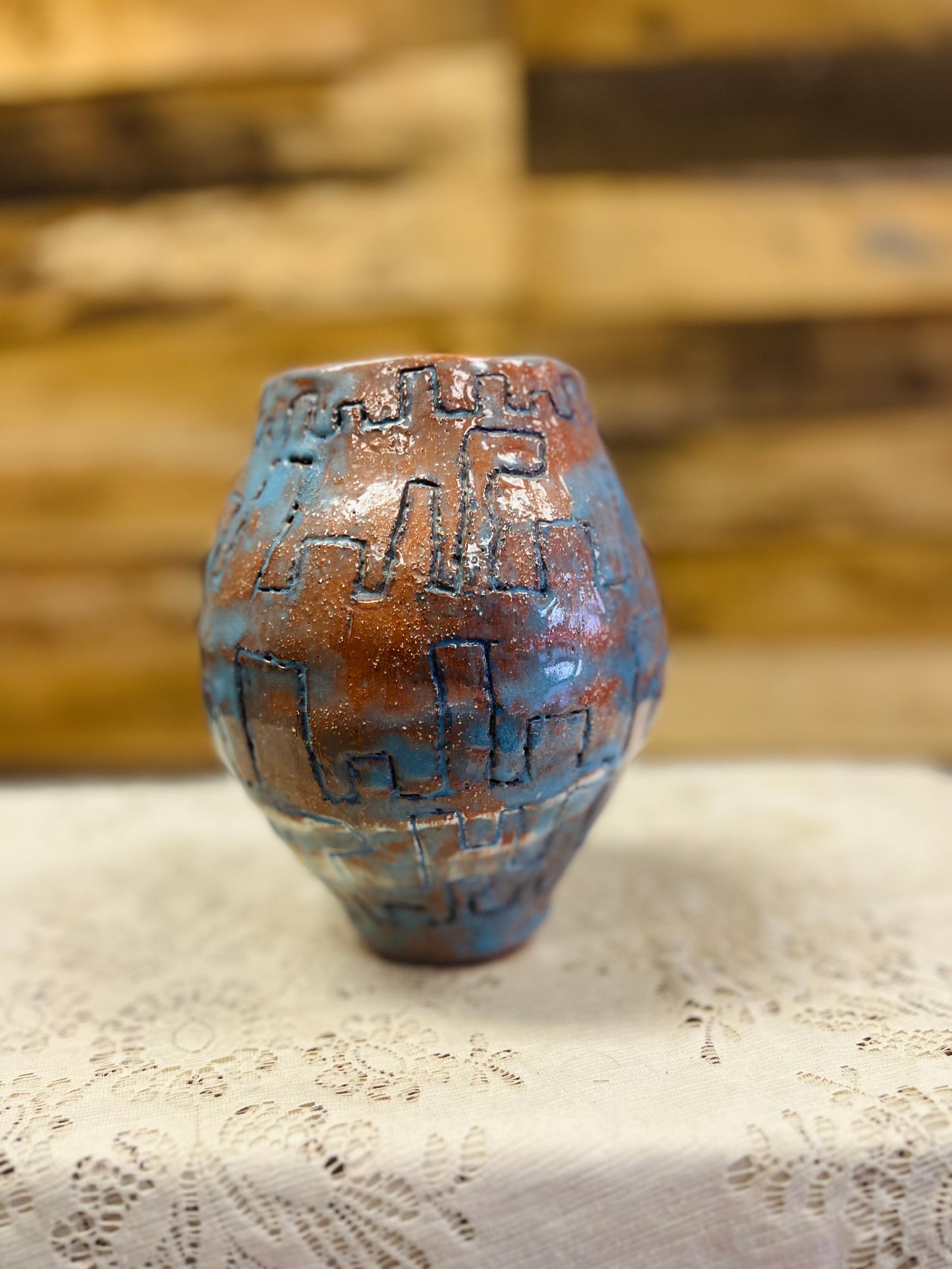 Old Handmade Blue and Orange Pottery Vase