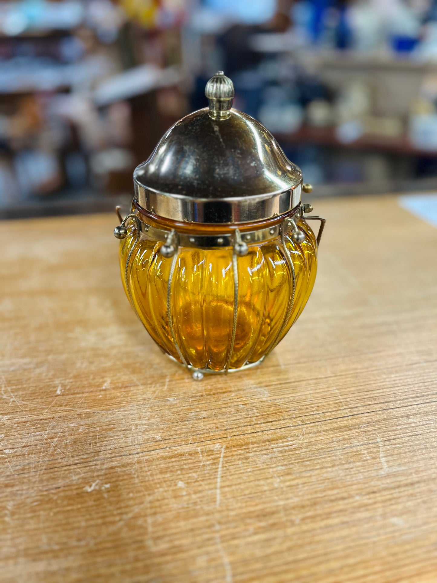 Vintage Japanese Amber Glass Musical Candy Jar