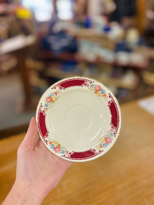 Vintage Homer Laughlin Saucer with Maroon Band and Floral Design