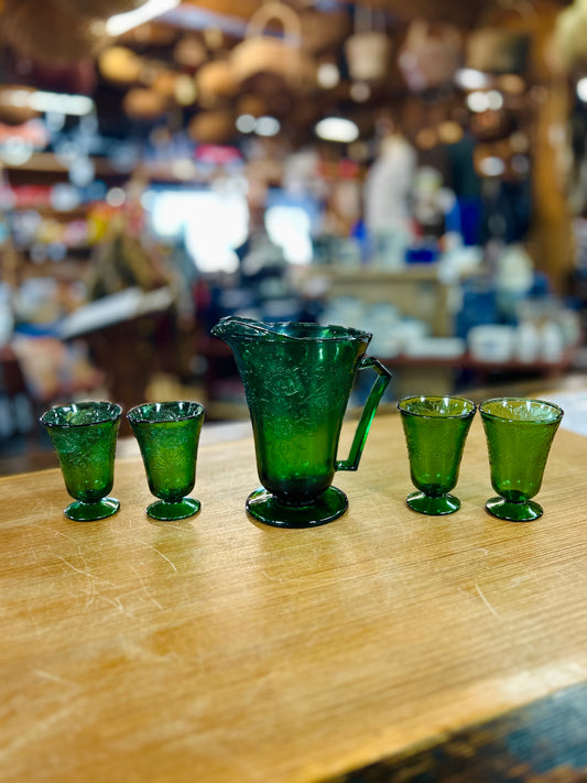 Vintage Hazel Atlas Florentine Pitcher and 4 Cups Set