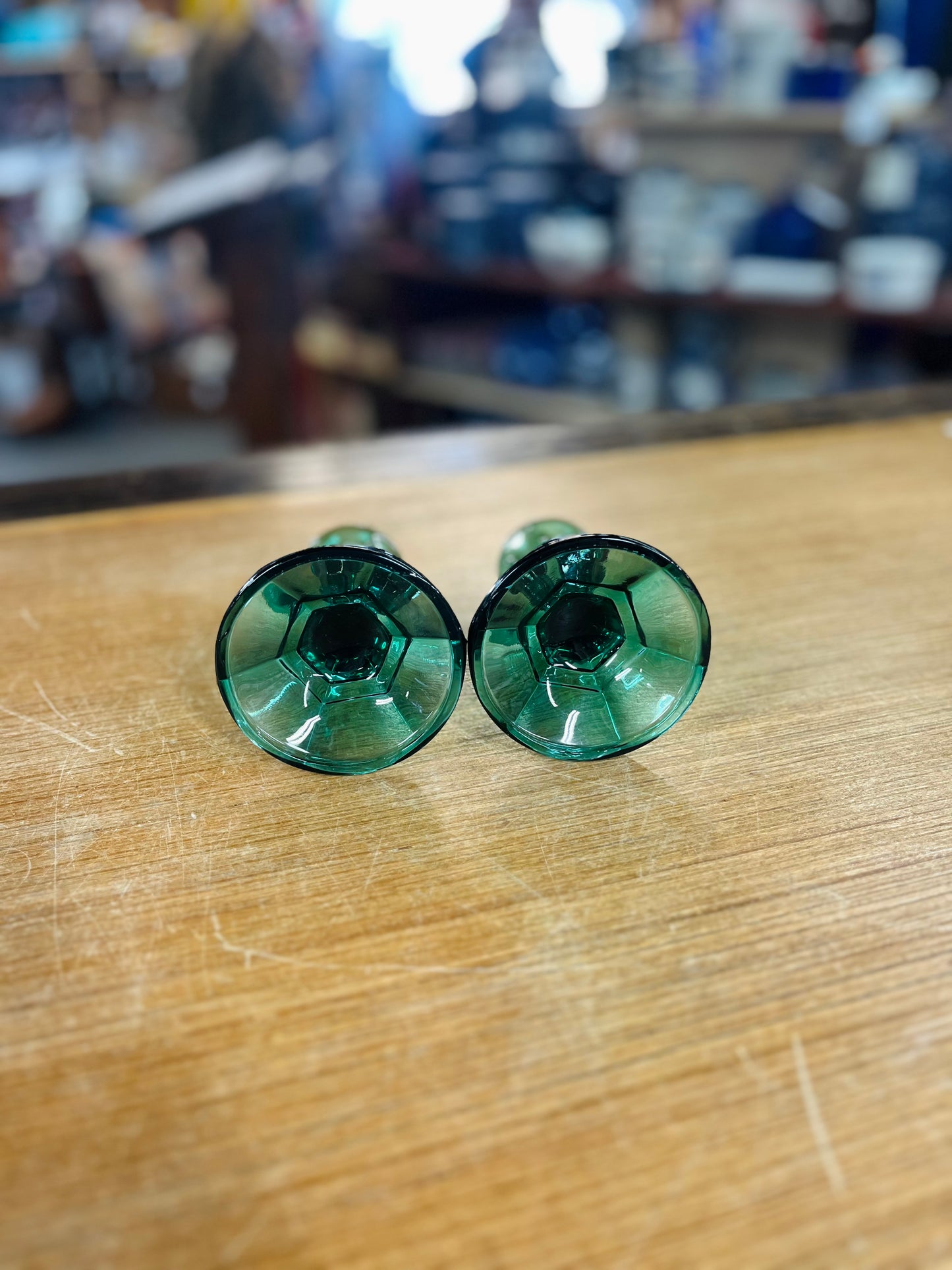 Vintage Idiana Glass Company Teal Green Candle Holder Set