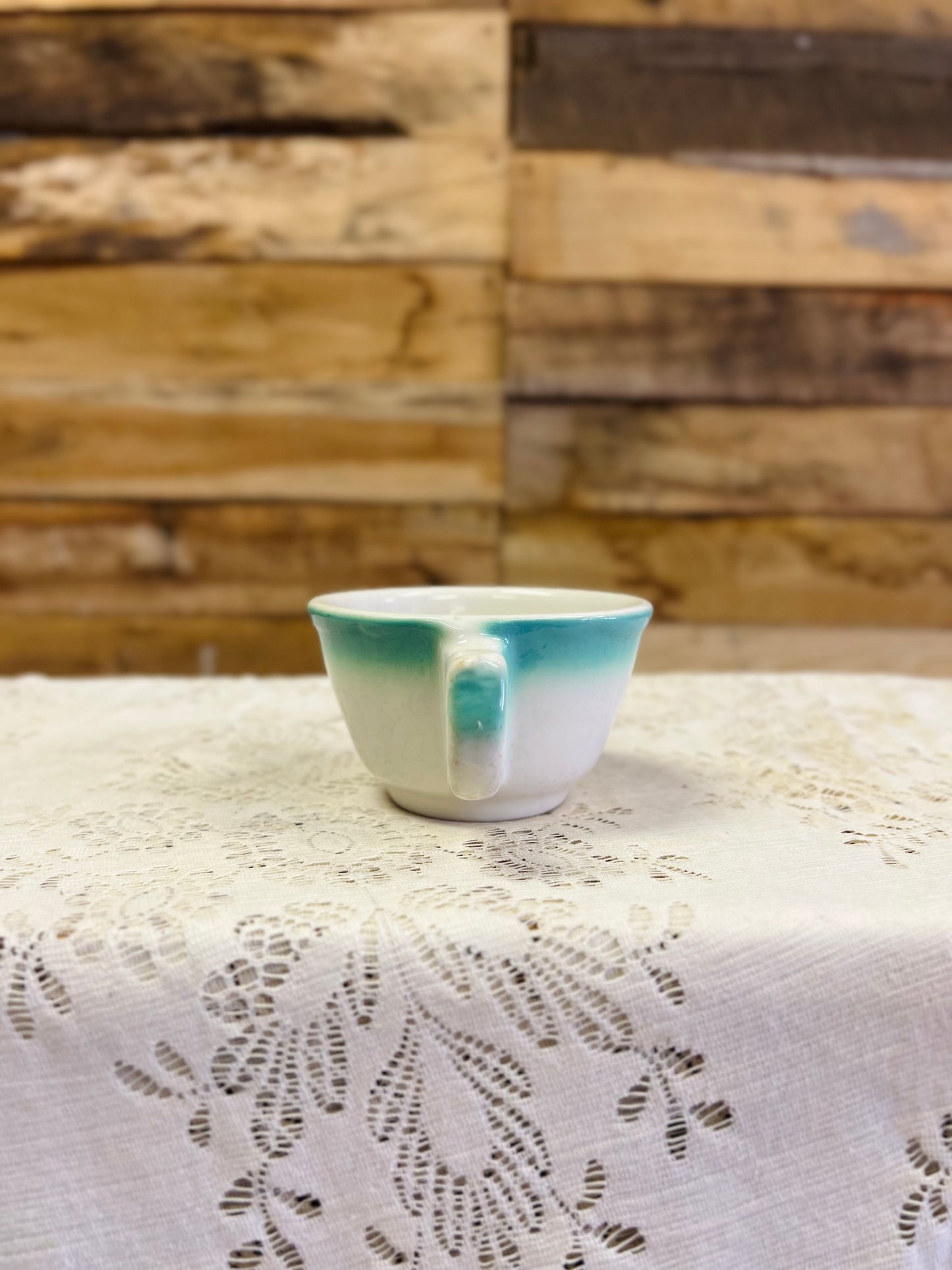 Vintage Buffalo China Mug with Turquoise Band on White Ceramic