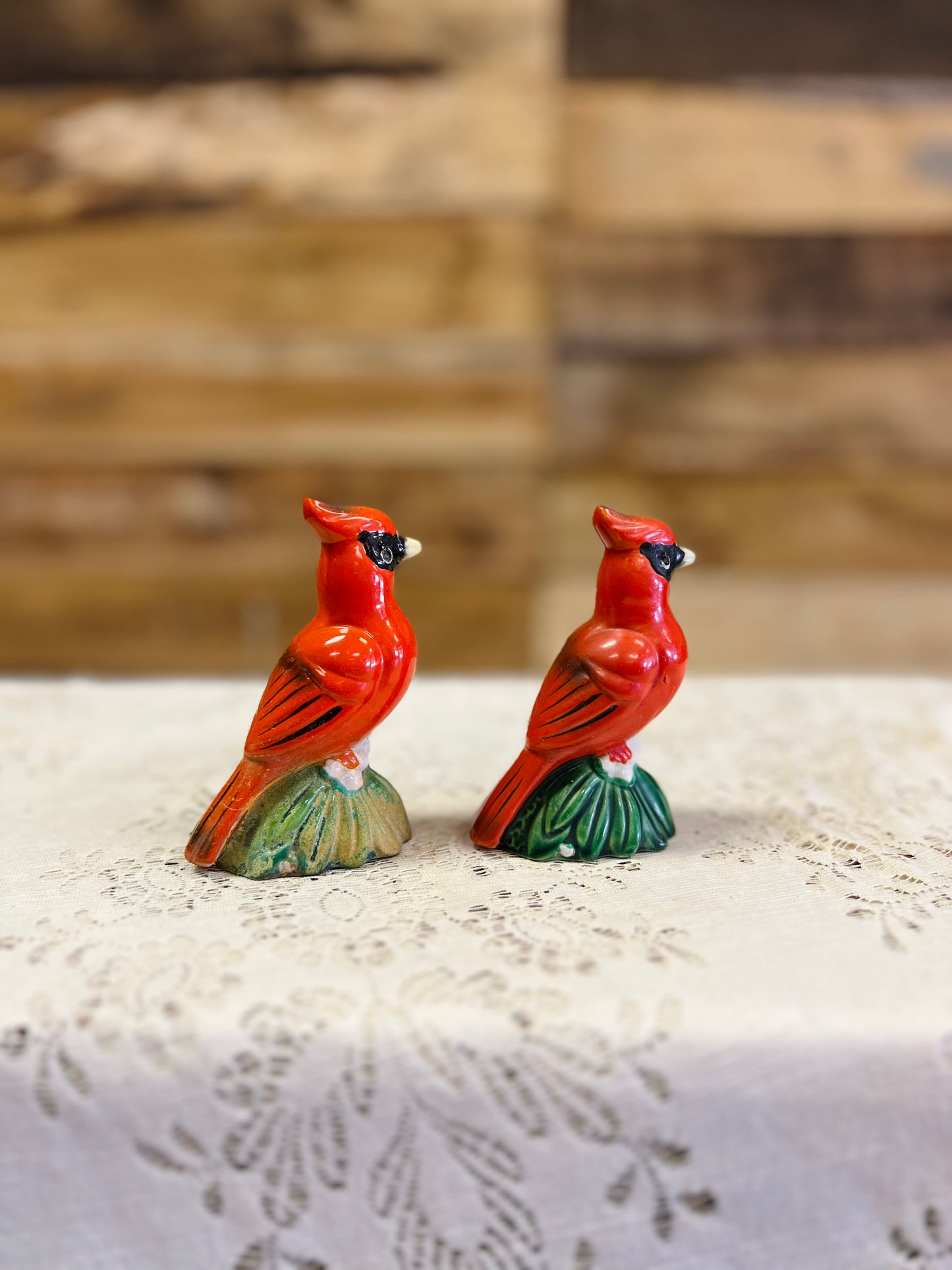 Vintage Ceramic Cardinal Salt and Pepper Shakers Perched on Green Base