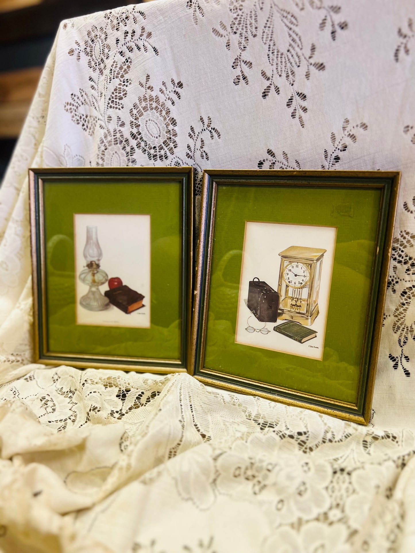 Vintage Green Framed Bible and Clock Photos Set