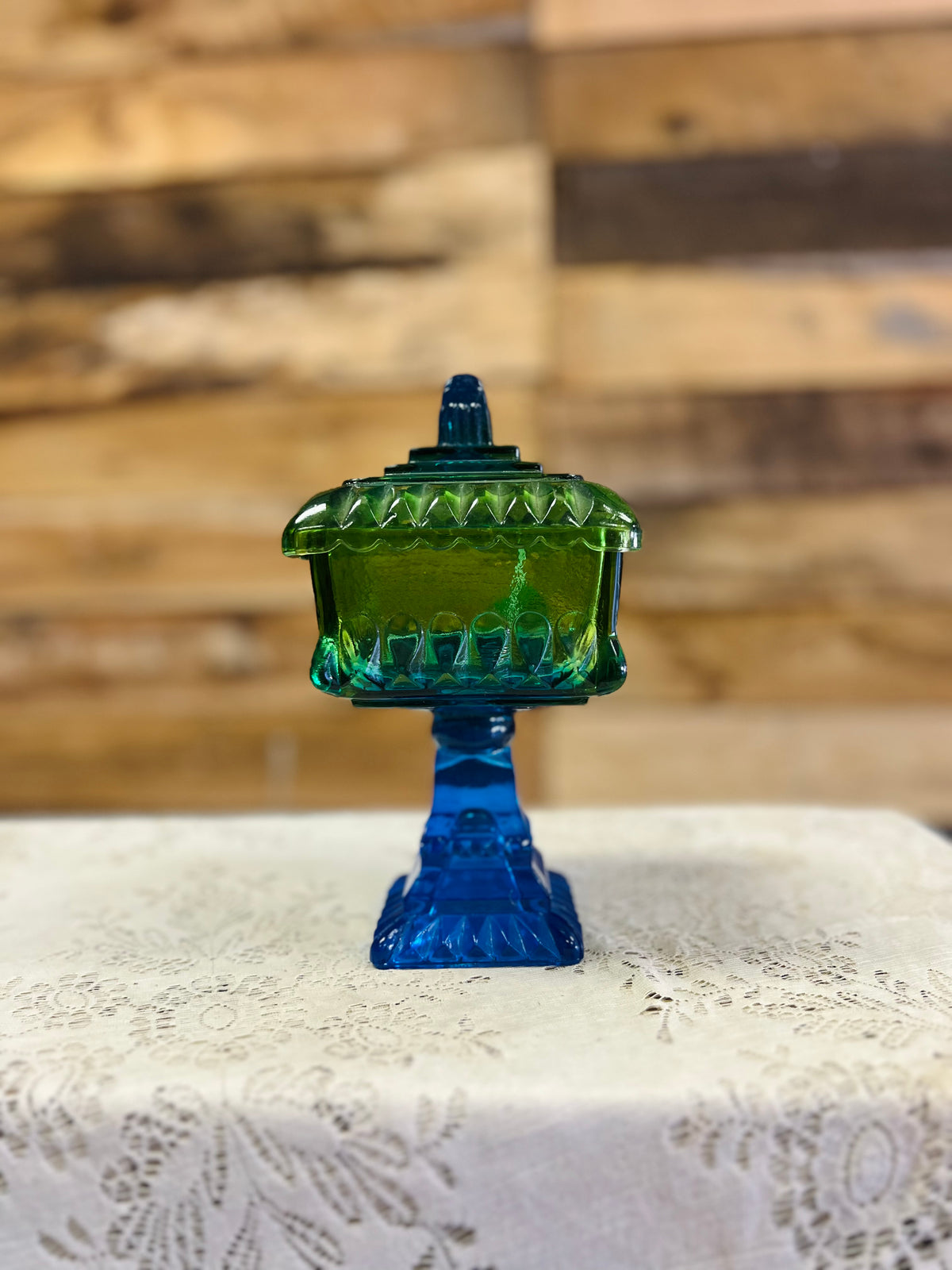 Vintage Blue & Green Ombre Pedestal Dish With Lid