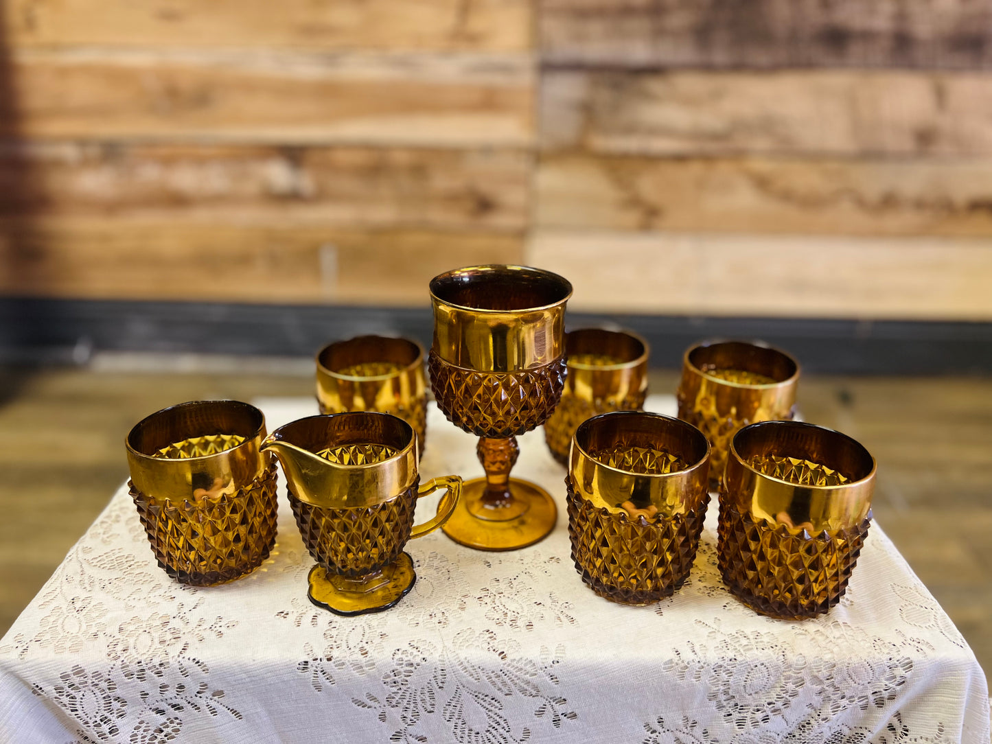 Vintage Indiana Glass Amber Diamond Point Tumbler 8 Piece Set