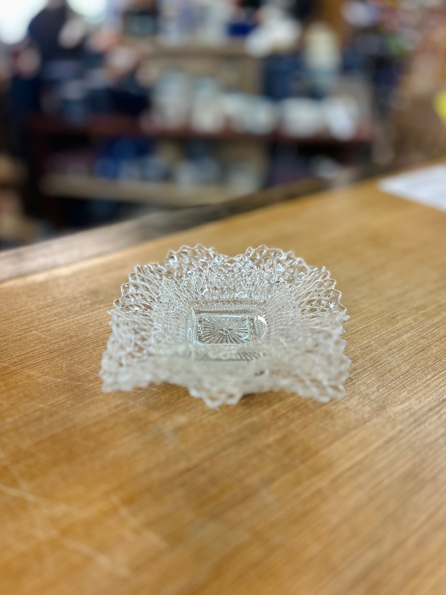 Vintage Indiana Glass Diamond Point Pattern Candy Dish with Ruffled Edge Set