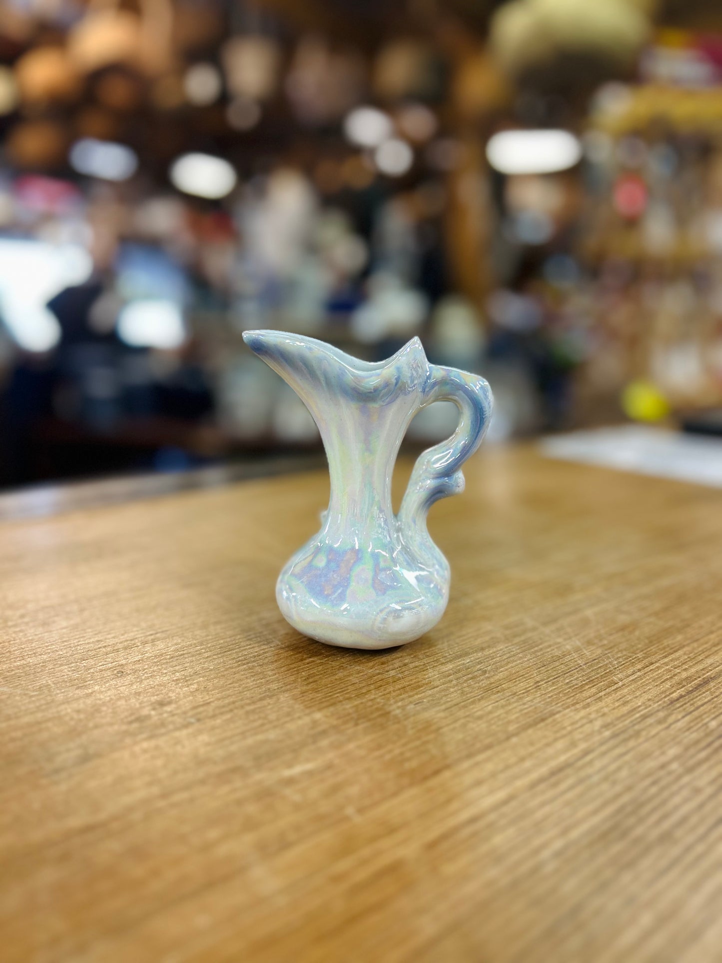 Vintage Lusterwire Pitcher with White Iridescent Glaze and Blue Rose Design